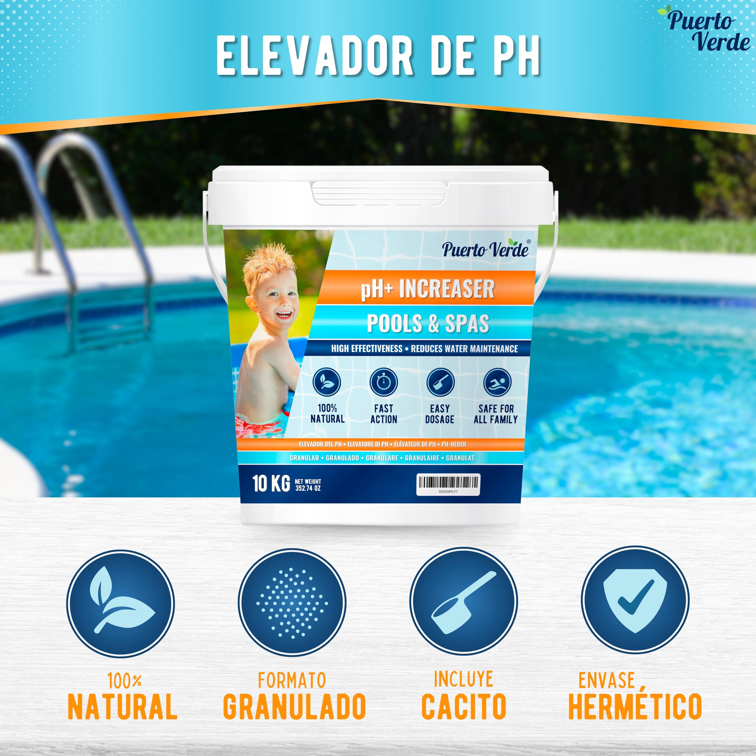 • Elevador pH+ para Piscinas 10 Kg. Corrector de pH Apto para Hidromasajes y Spas. Regulador pH Plus en Formato Polvo. Cacito Dosificador Incluido. Producción Española.