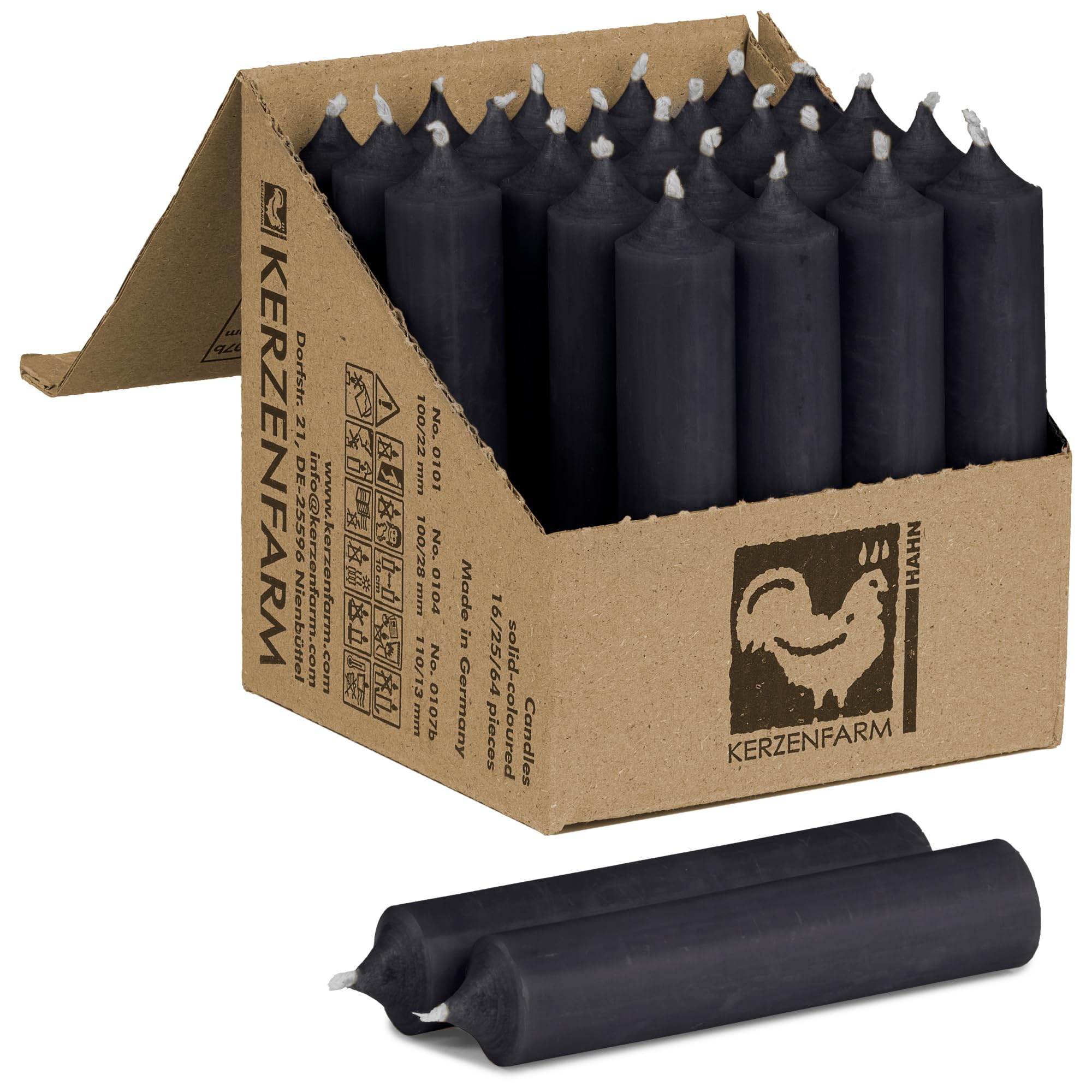Kurze Stabkerzen 10 Stück, 100 x 22 mm durchgehend gefärbt - Spitzkerzen aus Deutschland - Kerzenfarm Hahn - Unparfümierte und RAL-Zertifizierte Tafelkerzen (10, Schwarz)