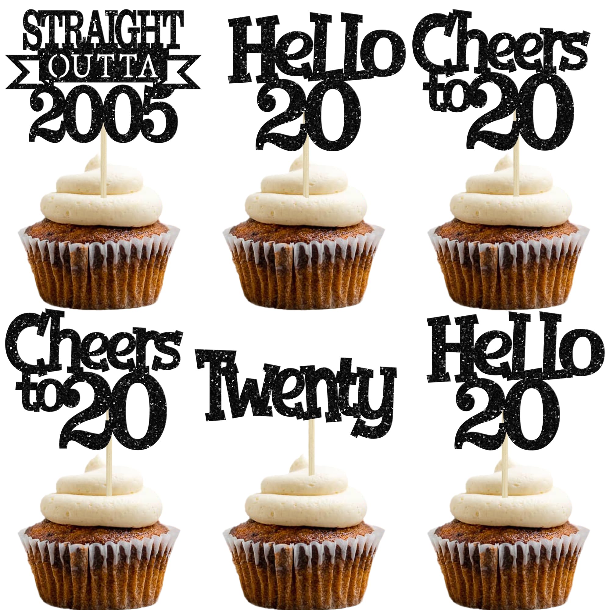 Ephlyn 24Pcs Happy 20th Birthday Cupcake Toppers Glitter Straight Outta 2005 Cupcake Picks Hello 20 Cheers to 20 Years Cake Decorations for 20th Birthday Anniversary Party Decorations Supplies Black