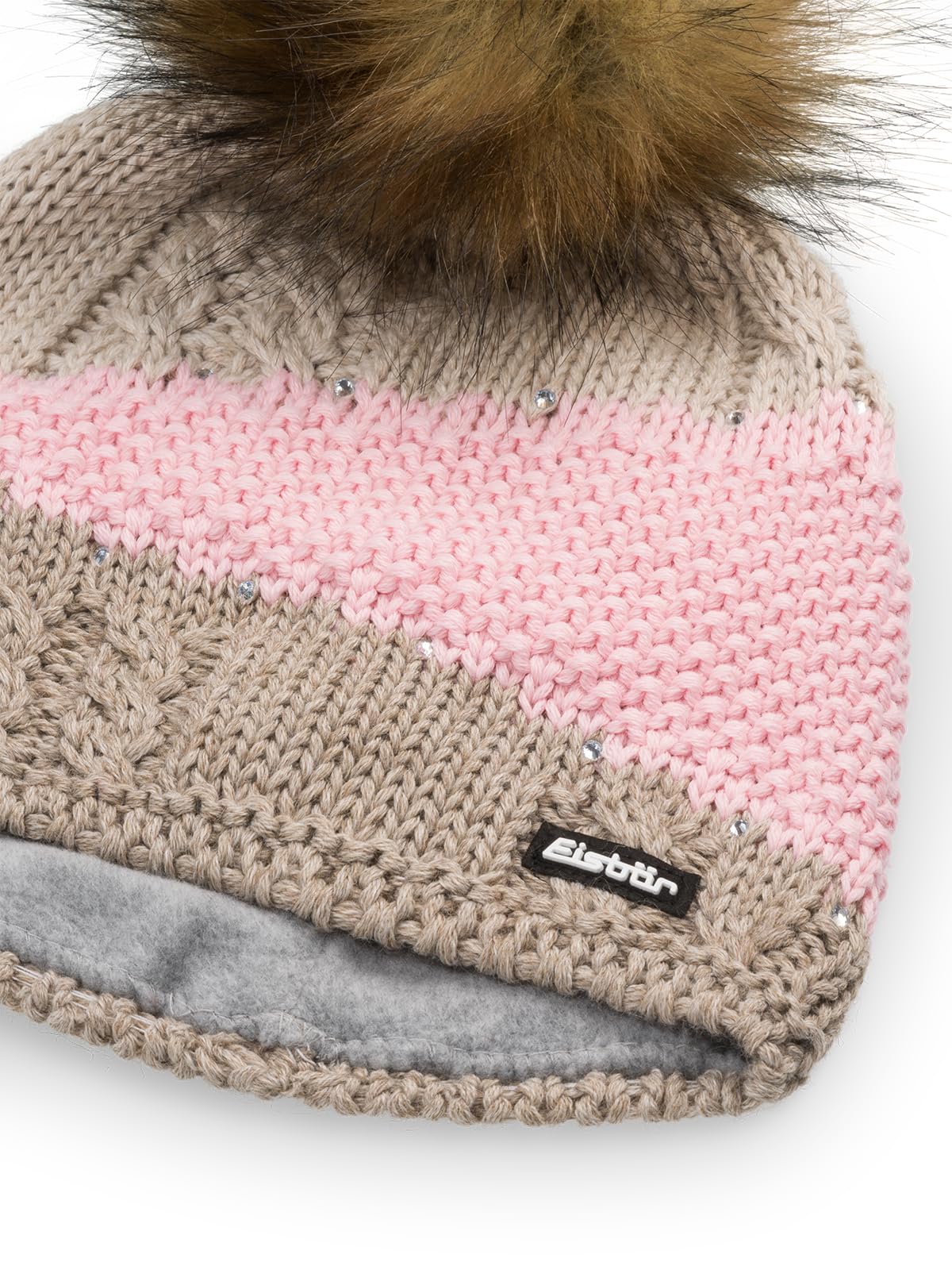 Eisbär Mütze Damen Eden Lux Crystal - Merino Bommelmütze für Frauen - mit Fleece schützt vor Kälte und Wind - Strickmütze mit Pompon aus Kunstfell mit Swarovski Kristallen edle Wintermütze
