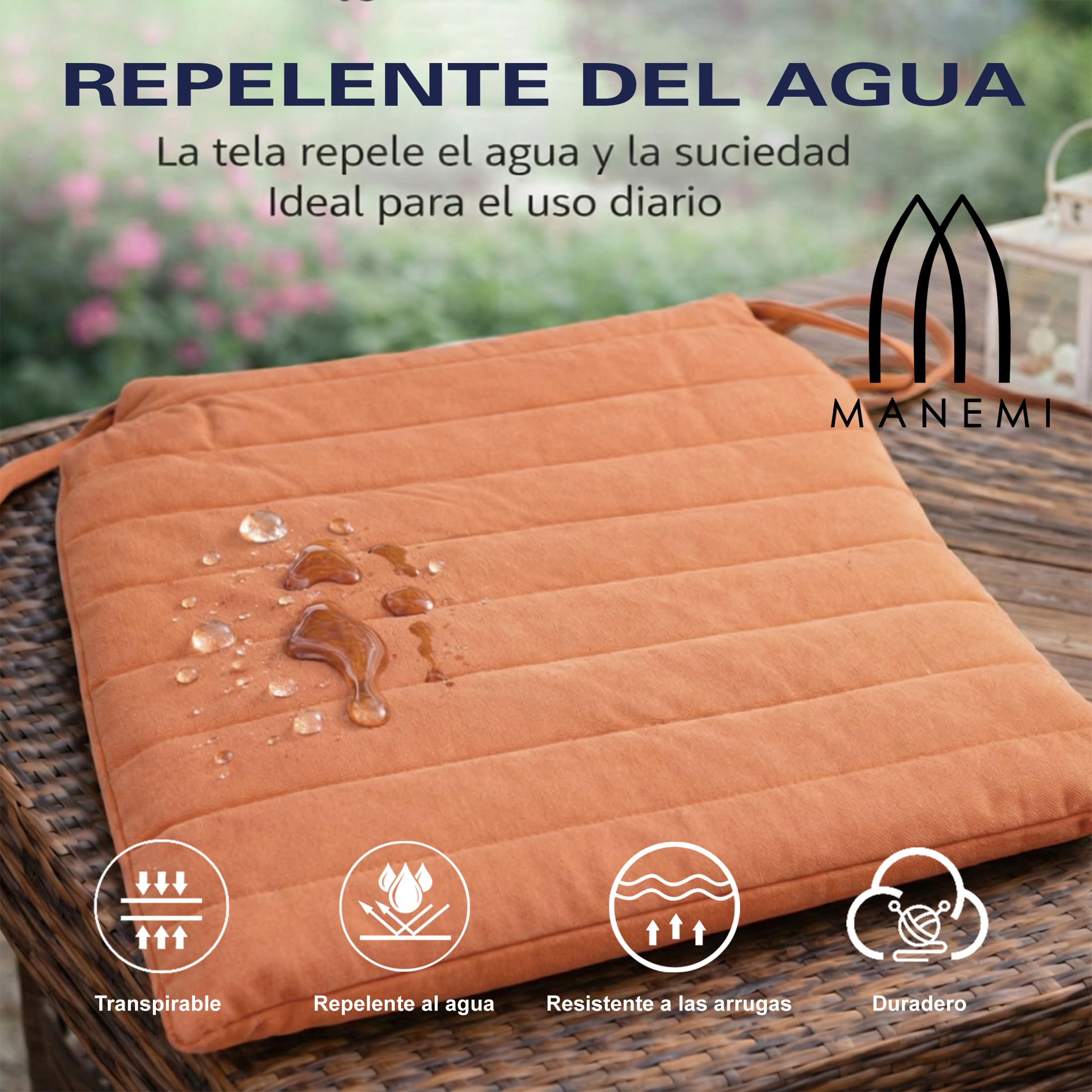 Pack 6 Cojín para silla 42x40x4 cm｜Repelente al agua y fácil de limpiar｜Con cintas de sujeción｜Funda con cremallera desmontable｜Uso interior y exterior｜Ideal para comedor, terraza, jardín u oficina