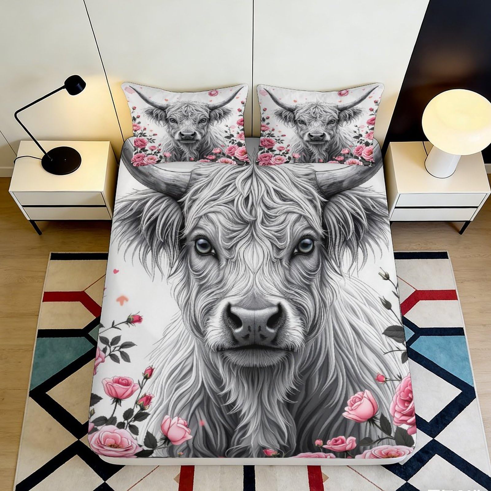 3D Printed Highland Cow Floral Fitted Sheet Microfiber Anti-Slip Mattress Cover for Bedroom Dorm Easy Care Decor 120x200x25cm