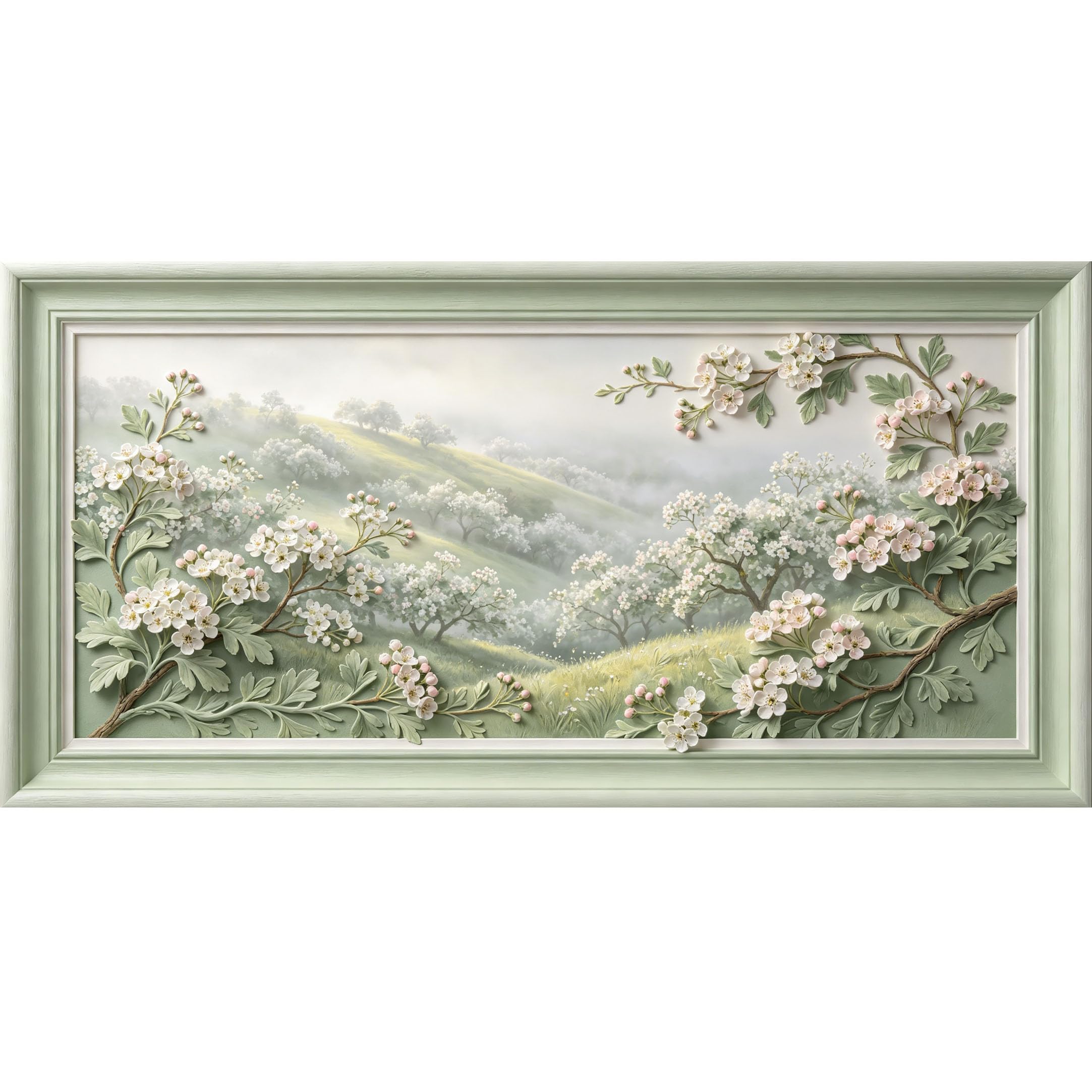 Agglomerix 3D Framed Wall Art Hawthorn Blossom Hillside Botanical Relief Effect Large Size SelfAdhesive Removable Wall Decor Prints Artwork for Living Room Bedroom Office
