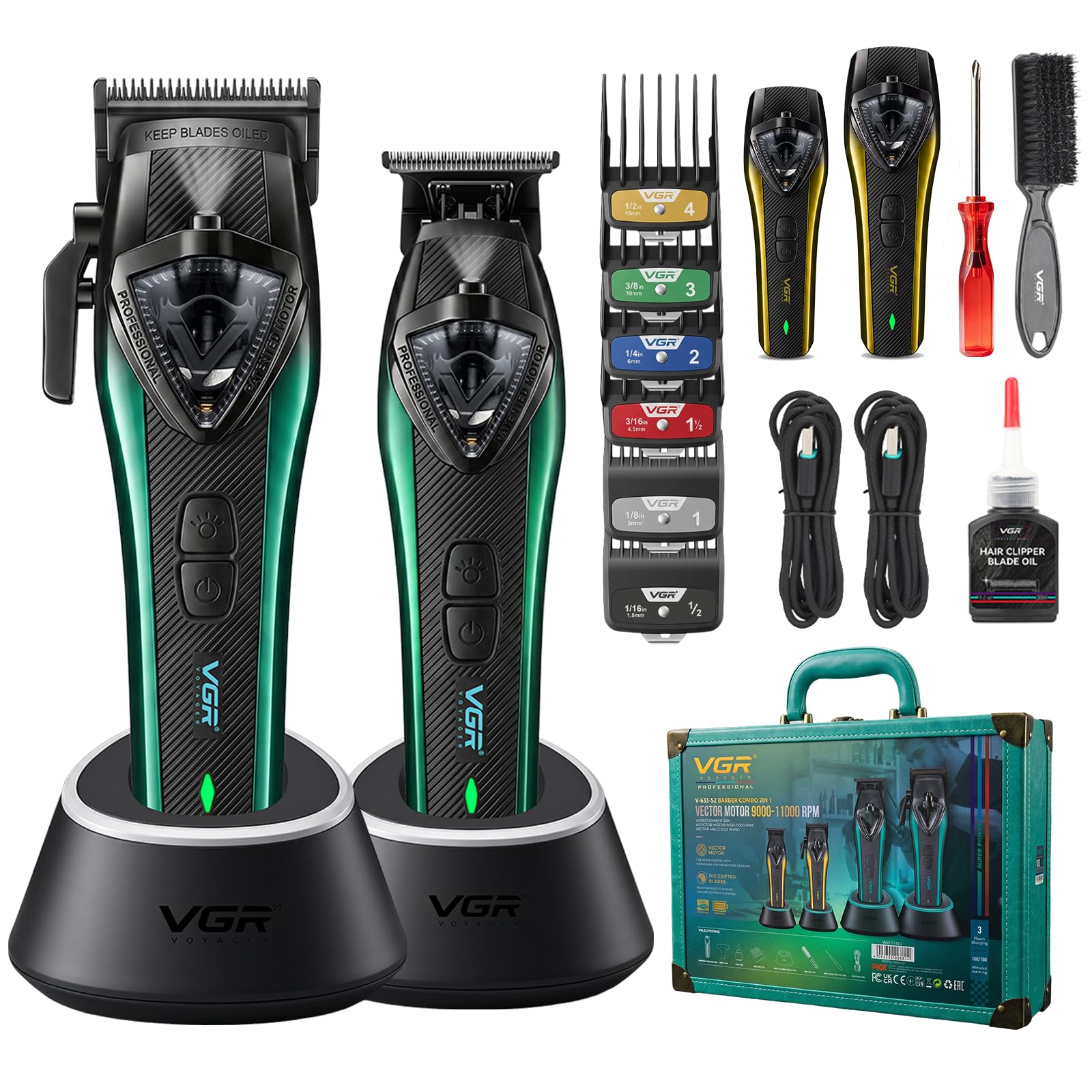 VGR 883S2 Set Professionale 2 in 1 Tagliacapelli Uomo, Motore Vector, Lame DLC, Tagliacapelli e Regolabarba di Precisione, Macchinetta Barbiere Ricaricabile, Cover Modulare Dorata, Borsa da Viaggio