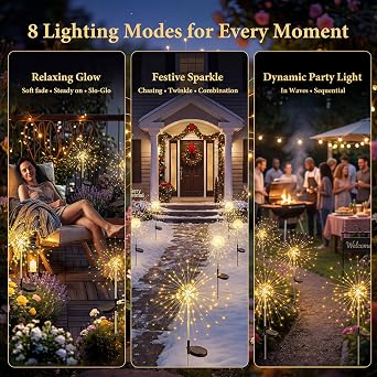 Solar Firework Lights Outdoor 3 Pack, 120LED Solar Starburst Garden Lights with 8 Modes, Waterproof Decorative Lights for Backyard, Garden, Patio & Lawn Landscape Decor-Warm White