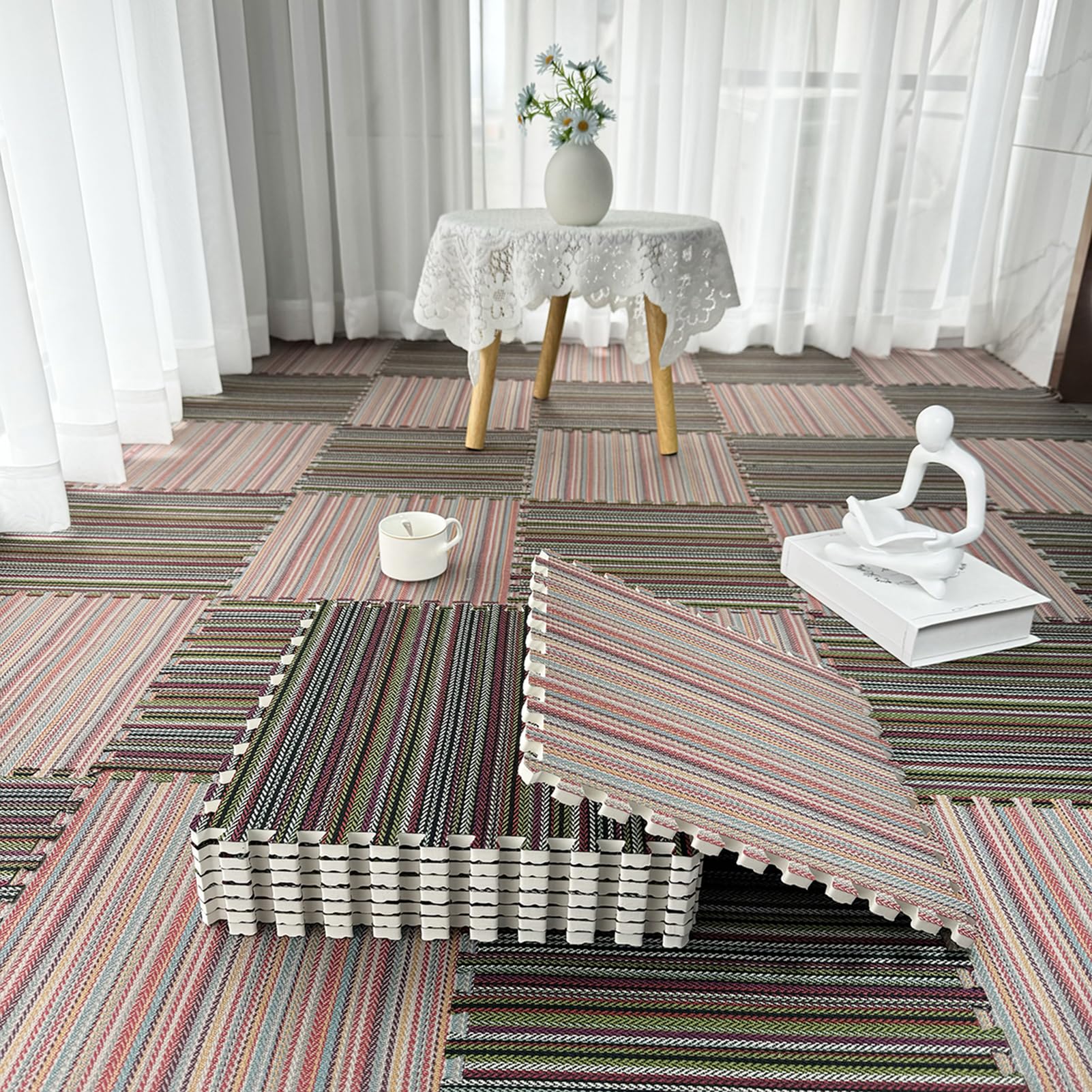 Interlocking Floor Mat with Edgings,16 Pieces Puzzle Foam Play Mat,Interlocking Foam Tiles,Colorful Striped Carpet for Playroom,12x12 Inch(Size:0.39 Inch,Color:ZT+HT)