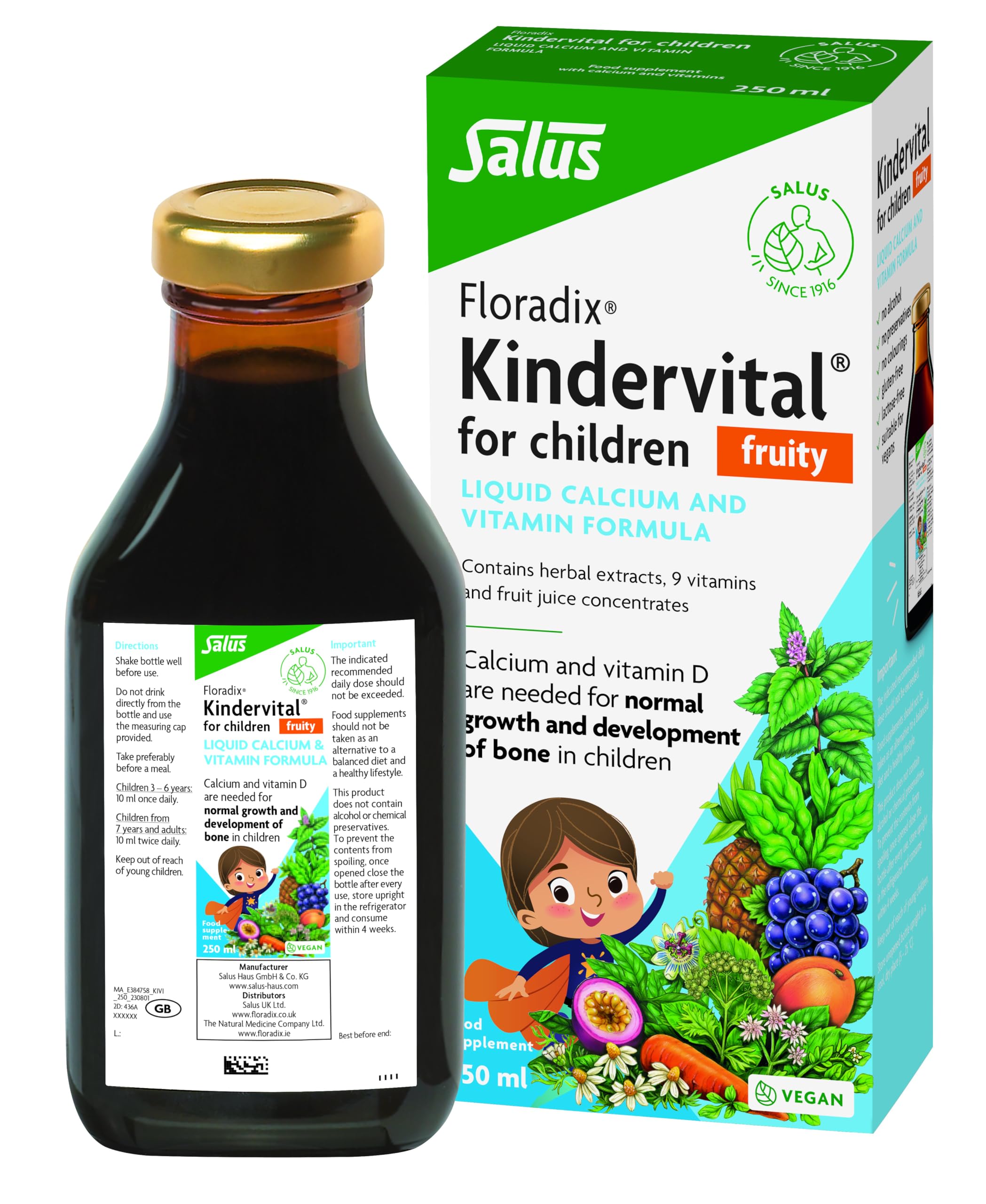 Salus Floradix Kindervital Vegan Children’s Liquid 250ml – Calcium & Vitamin D for Normal Bone Growth + 9 Essential Vitamins – Fruity Multivitamin Mineral Formula