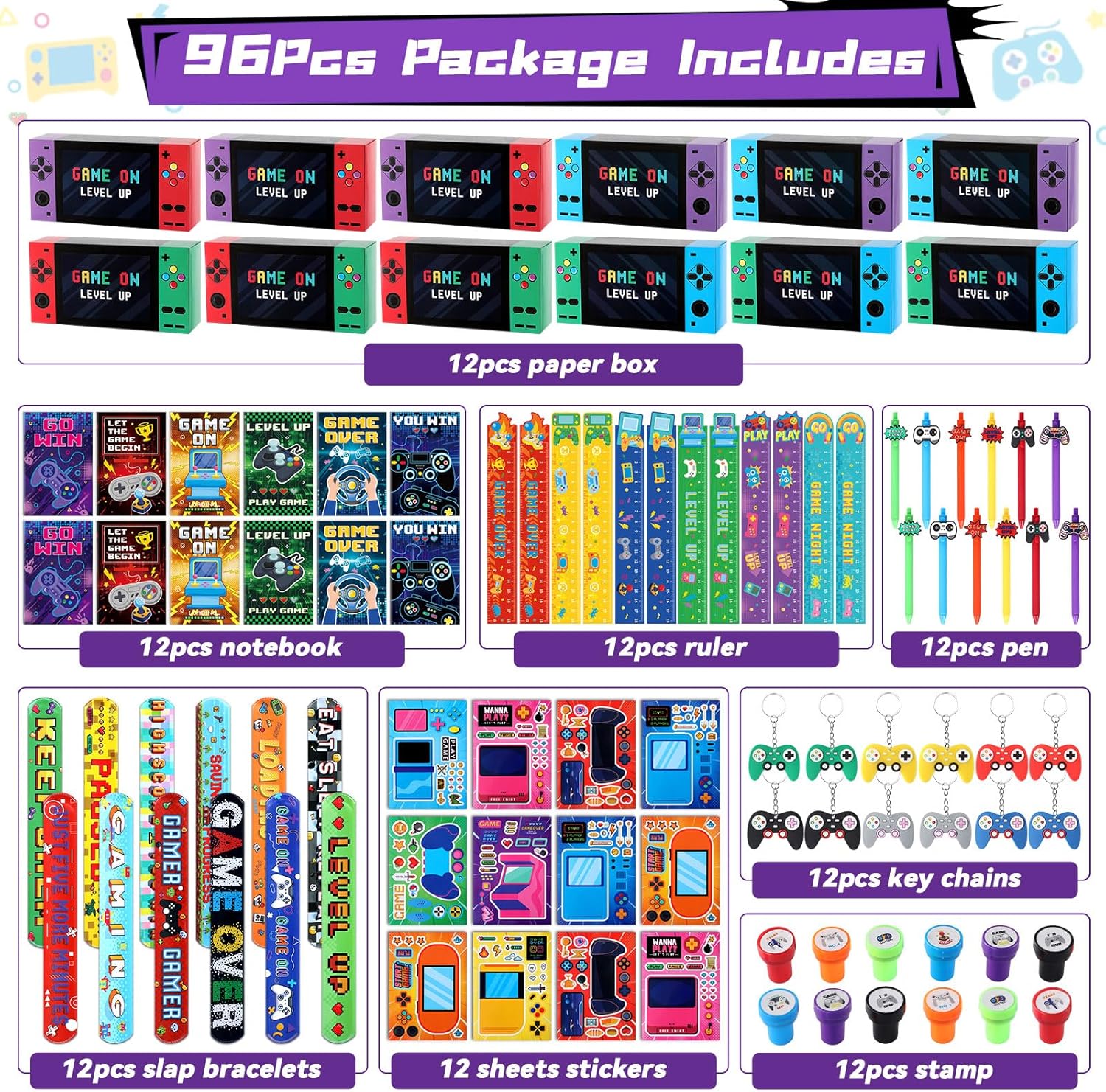 96PCS Valentine's Day Gift for Video Game Party Favors Gamer Birthday Party Paper Boxes Notepads Rulers Pens Slap Bracelets Key Chains Stickers Gaming Level Up Parties Favor Rewards Supplies