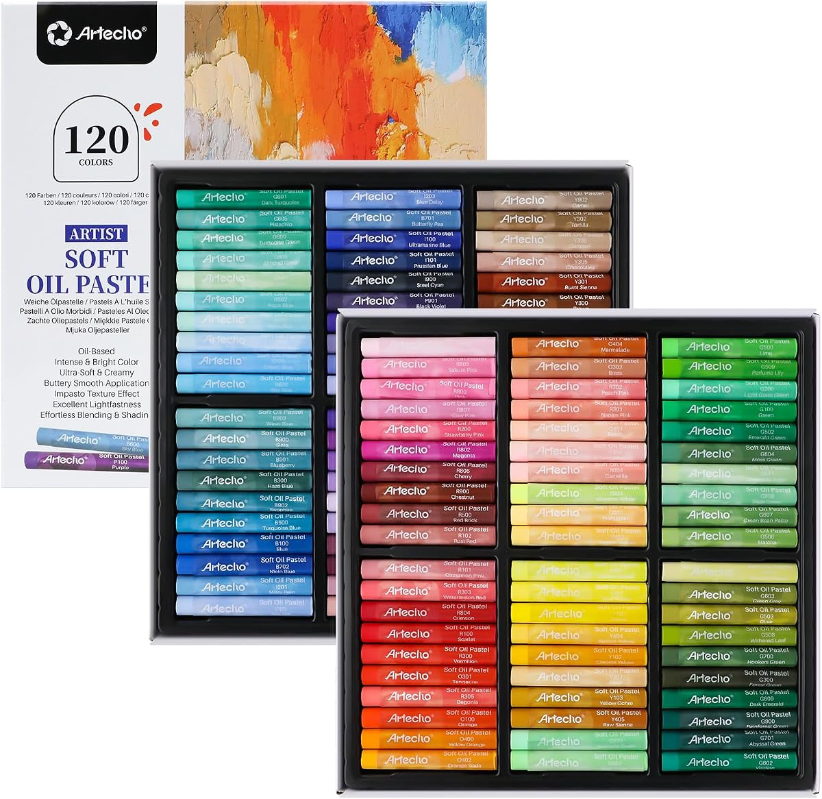 Artecho Extra Soft Oil Pastels 120 Colors Artist Grade | 10mm diameter large sticks. Ideal for blending, layering, shading. Professional for artists & students. Non-toxic