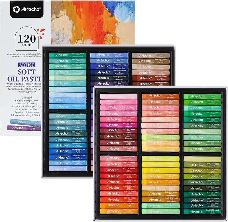 Artecho Extra Soft Oil Pastels 120 Colors Artist Grade | 10mm diameter large sticks. Ideal for blending, layering, shading. Professional for artists & students. Non-toxic