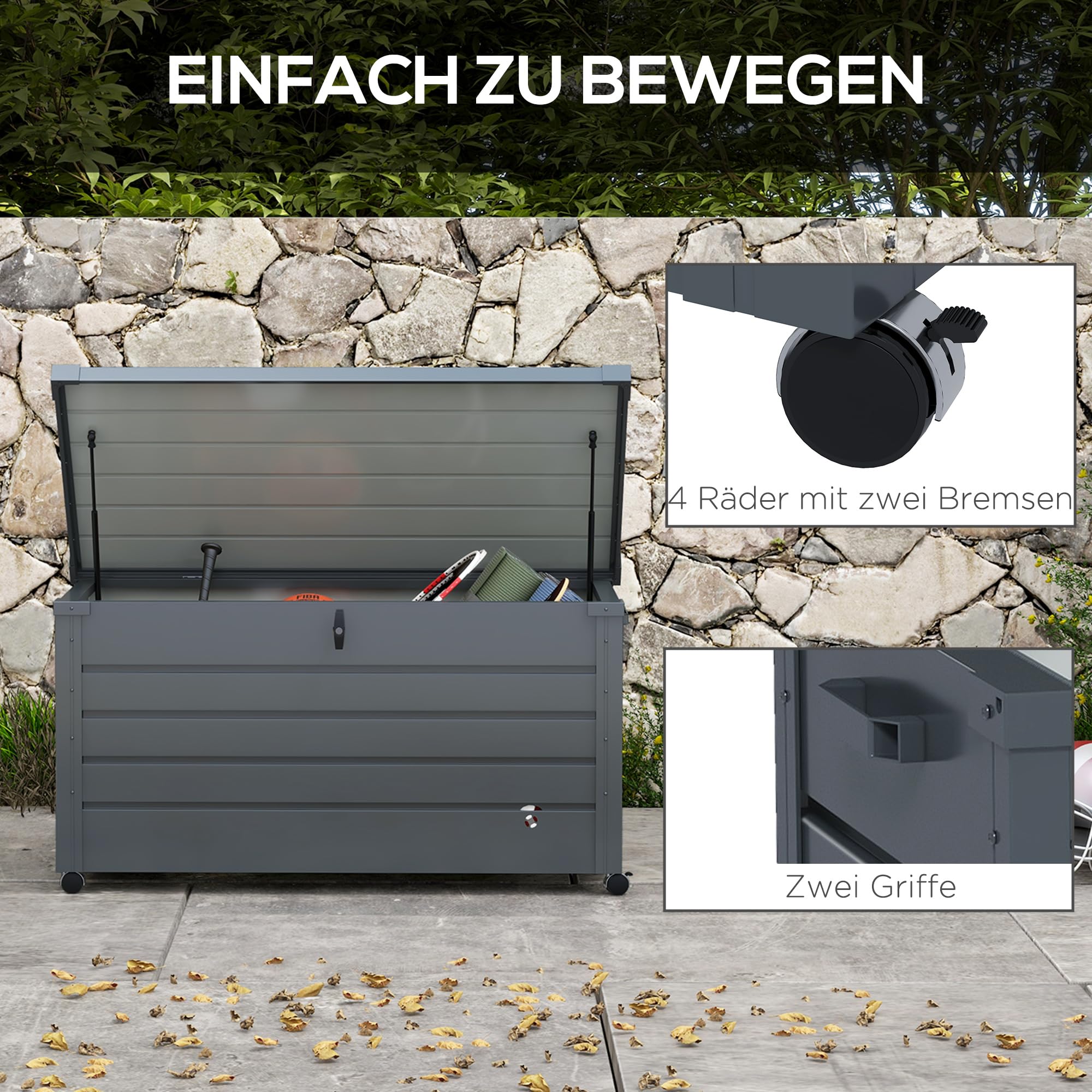 Outsunny Gartenbox Metall 311 Liter mit Griffen 120 x 62cm Dunkelgrau | Auflagenbox, Rollen, Schloss, Wasserdicht, Abschließbar, Gartentruhe, Outdoor Kissenbox, Wetterfest, für Garten Balkon
