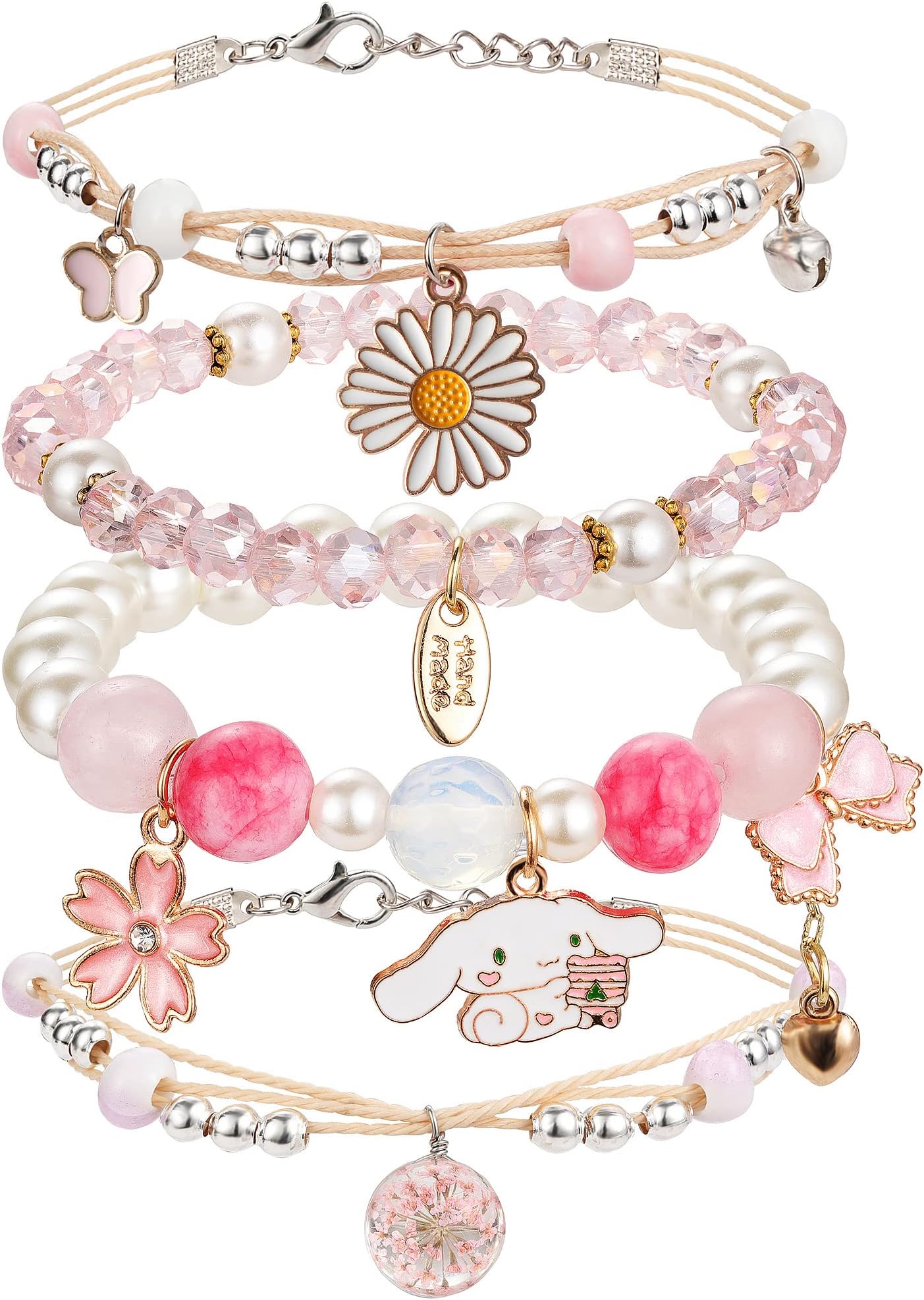 DS4PCS Beaded Charm Bracelets for Teen Girls Dainty cute cartoon Crystal Beads Pearl Bracelets anklets set for woman and girls Adjustable Stretch bracelet birthday Gift For Friends