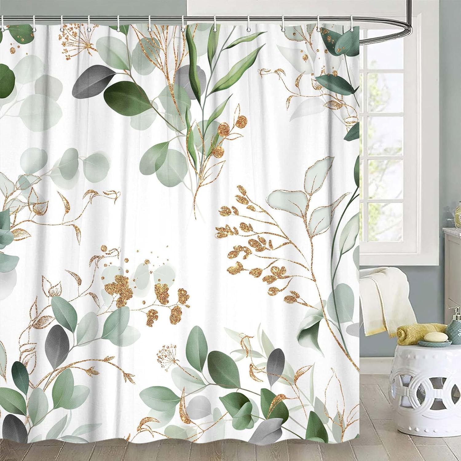 Sage Green Spring Leaves Shower Curtain, Modern Plants Botanical Fabric Cloth Shower Curtains for Elegant Bathroom Decor, Watercolor Eucalyptus Leaf Shower Curtain,70X78