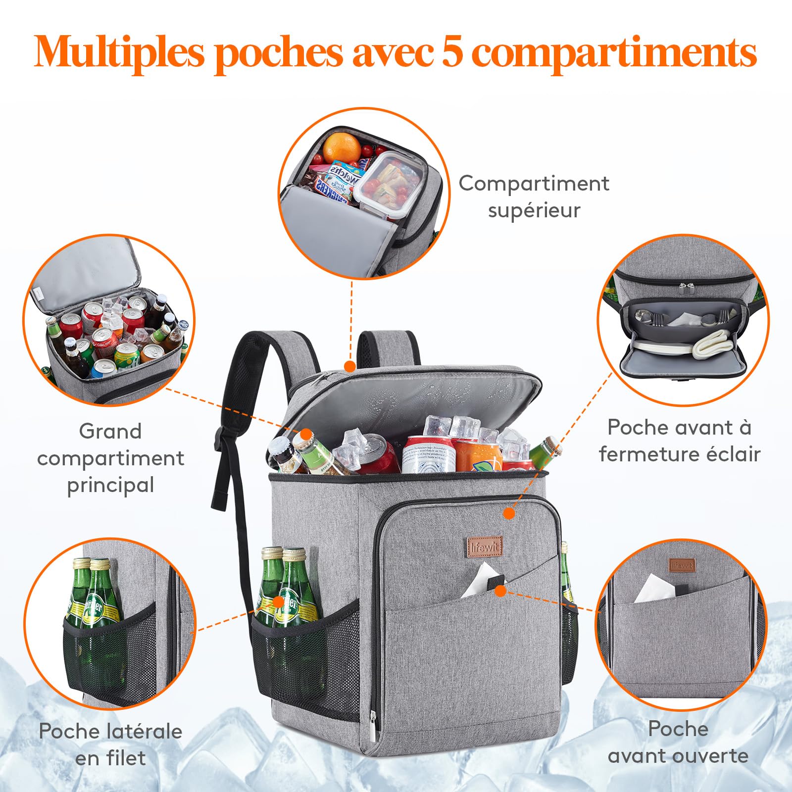 Lifewit Sac a Dos Isotherme, Grand Glaciere Souple Isotherme Adulte, Portable Sac à Dos Isotherme Plage, Pique Nique, Randonnee, Camping, 26L(34 Cannettes), Gris