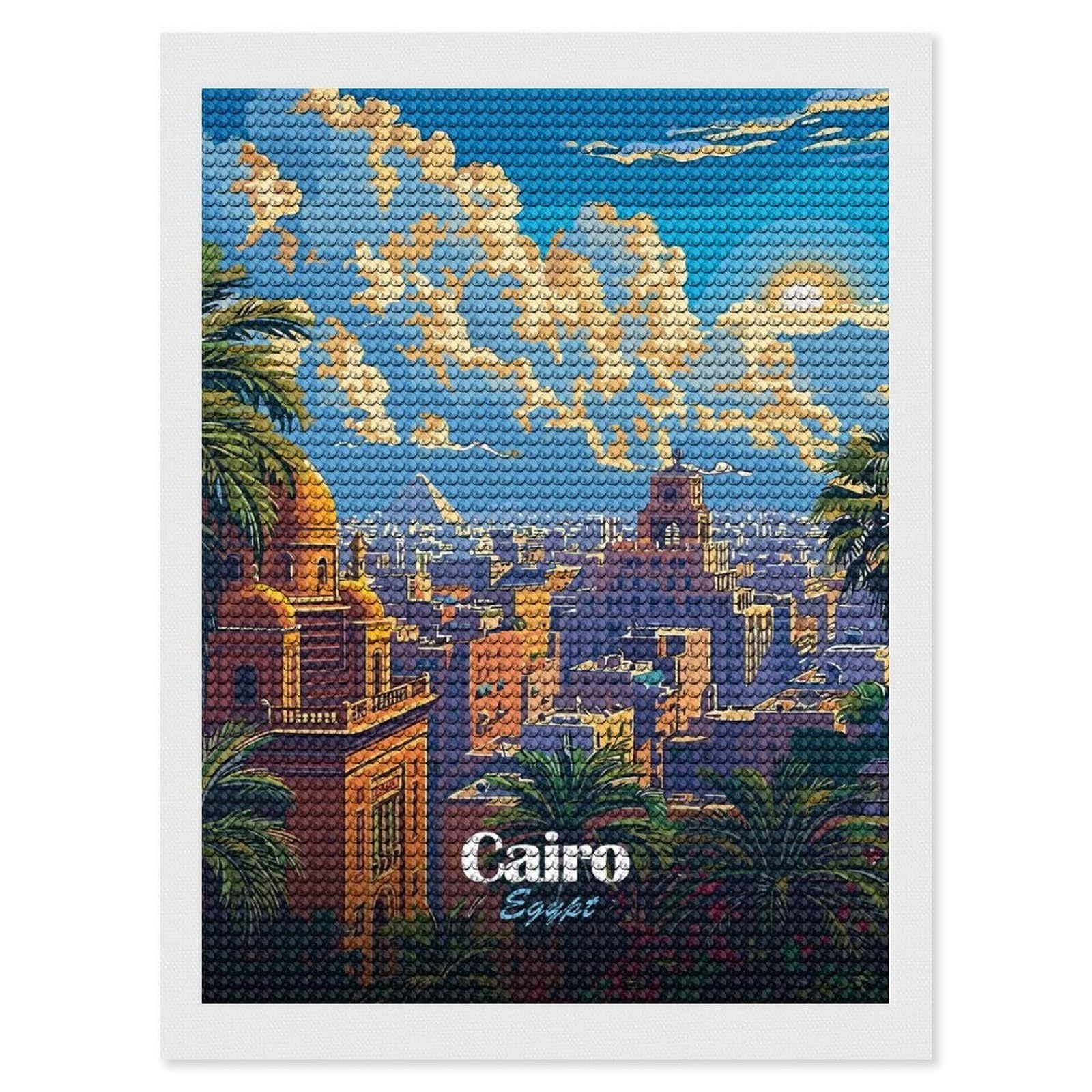 Junmoney Cairo, Egypt Cityscape Illustration Round Drill Diamond Painting 12"x16", for Adults, Creative Leisure Activity, Office Decor, Holiday Gift Idea