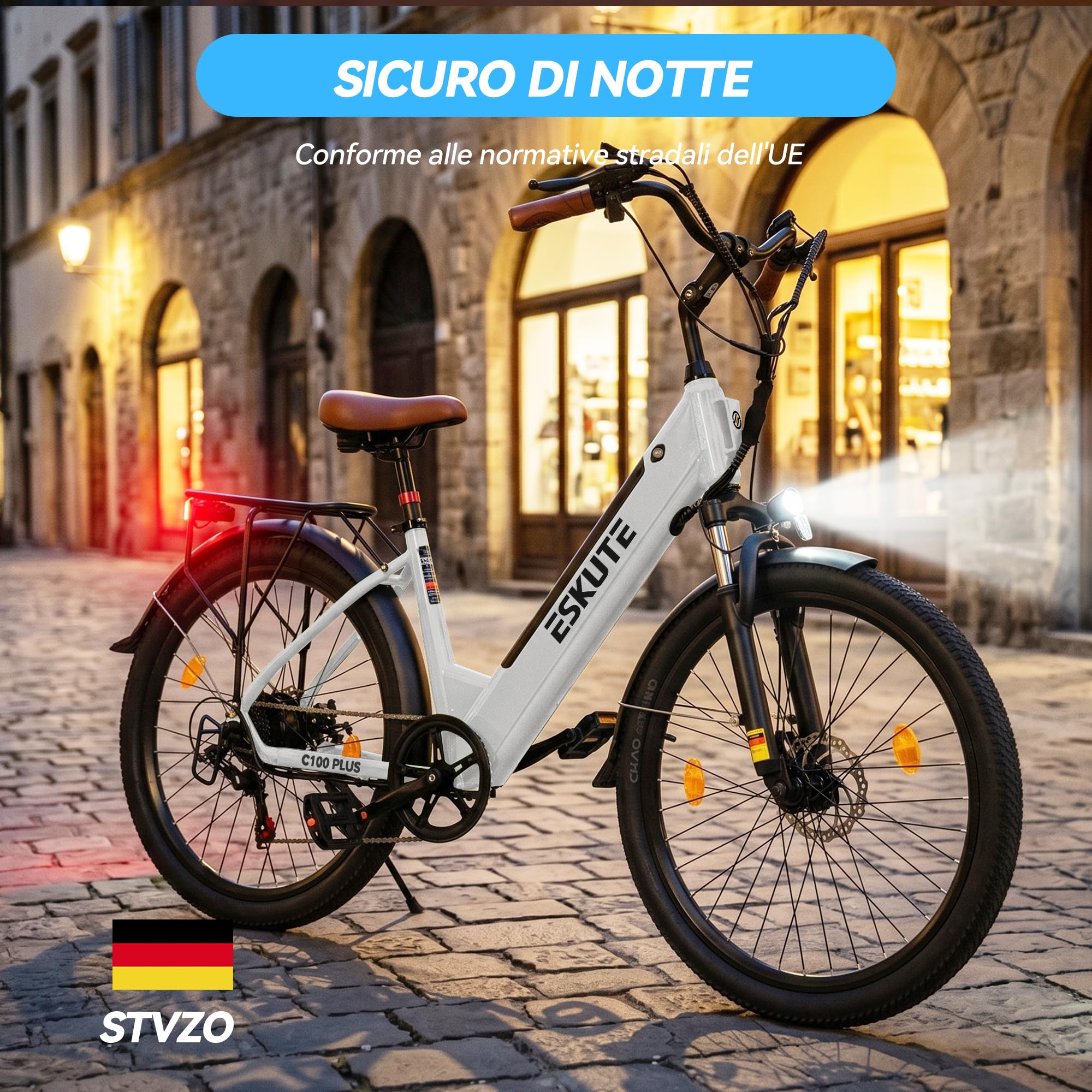 ESKUTE C100 Plus Bici Elettrica, 26 Pollici Bicicletta Elettrica, Motore 250W, Batteria Rimovibile 36V 13Ah, Velocità Massima di 25 km/h, 7 Velocità, Display LCD, E-bike per Adulti