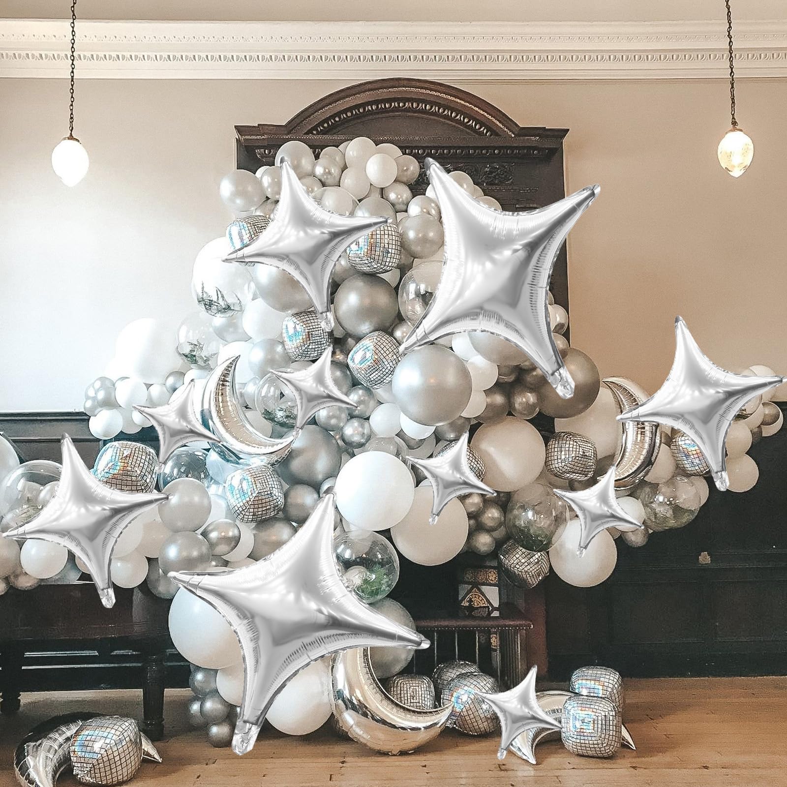 50 Palloncini In Mylar A Forma Di Stella 4 Punte Da 25,4 Cm | Kit Completo Per Decorazioni Di Compleanno, Matrimonio, Baby Shower E Feste Scolastiche (Argento)
