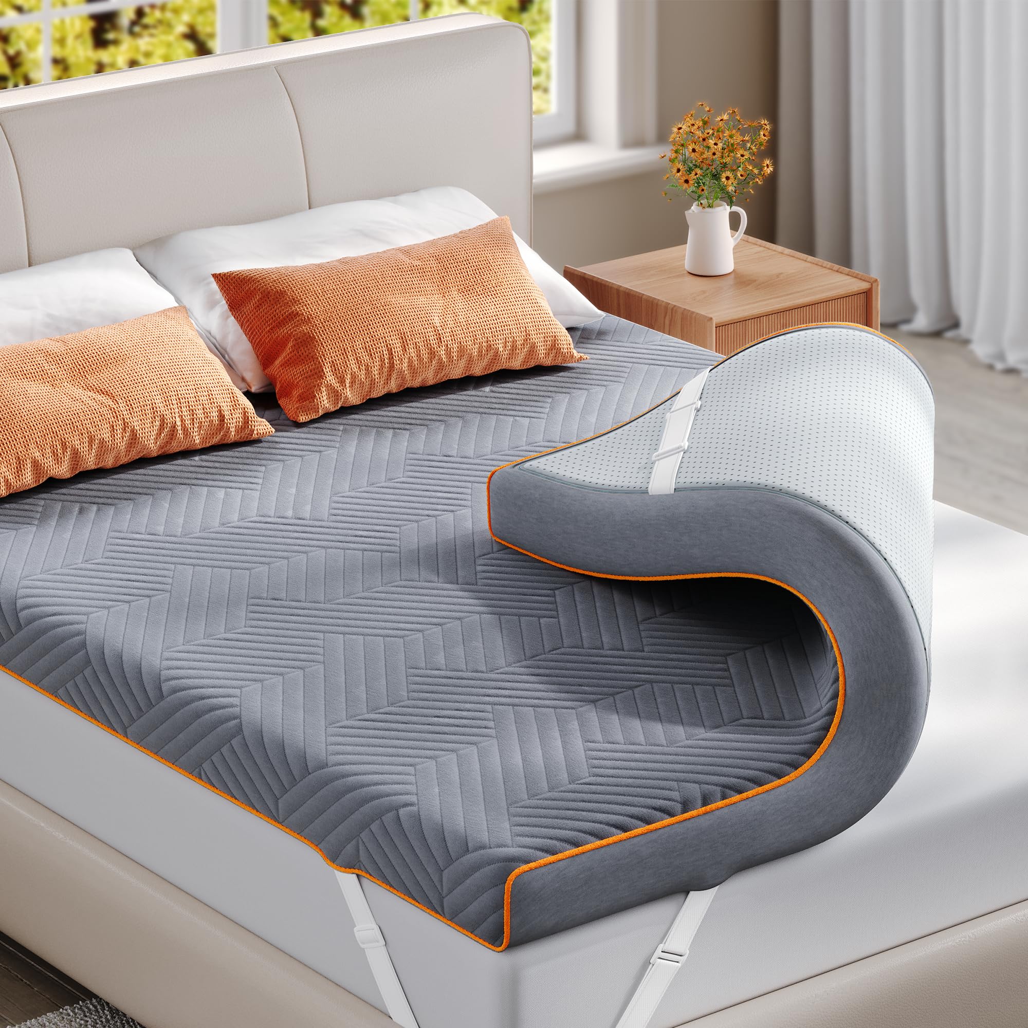 EnHomee Memory Foam Mattress Topper,3 Inch Queen Mattress Topper Pressure Relief with Cooling Gel and Removable & Washable Embossed Cover, CertiPUR-US & Oeko-TEX Certified, Grey, Queen