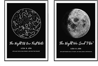 Customised Star Map and Moon Phase Print Set of 2, Personalised Valentines Gifts for Him Romantic, Custom Personalized Night Sky Star Map Poster, Unframed Print, Constellation Map and Moon Prints