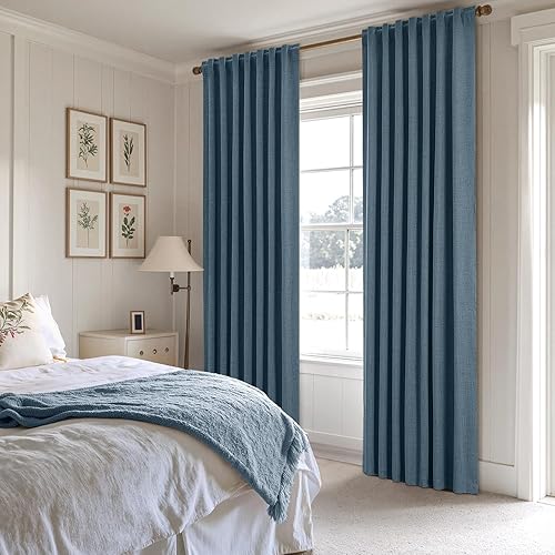 Miniatura 2 de EMEMA Cortinas opacas de lino azul polvoriento de 84 pulgadas de largo, 2 paneles para dormitorio, sala de estar, aislamiento térmico, cortinas de