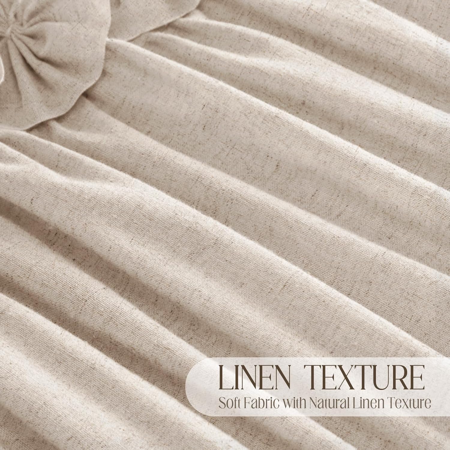 Ruffle Shower Curtain with Handmade Bow Tie, Beige Linen Vintage Farmhouse Shower Curtain for Bathroom, 72" W x 72" H