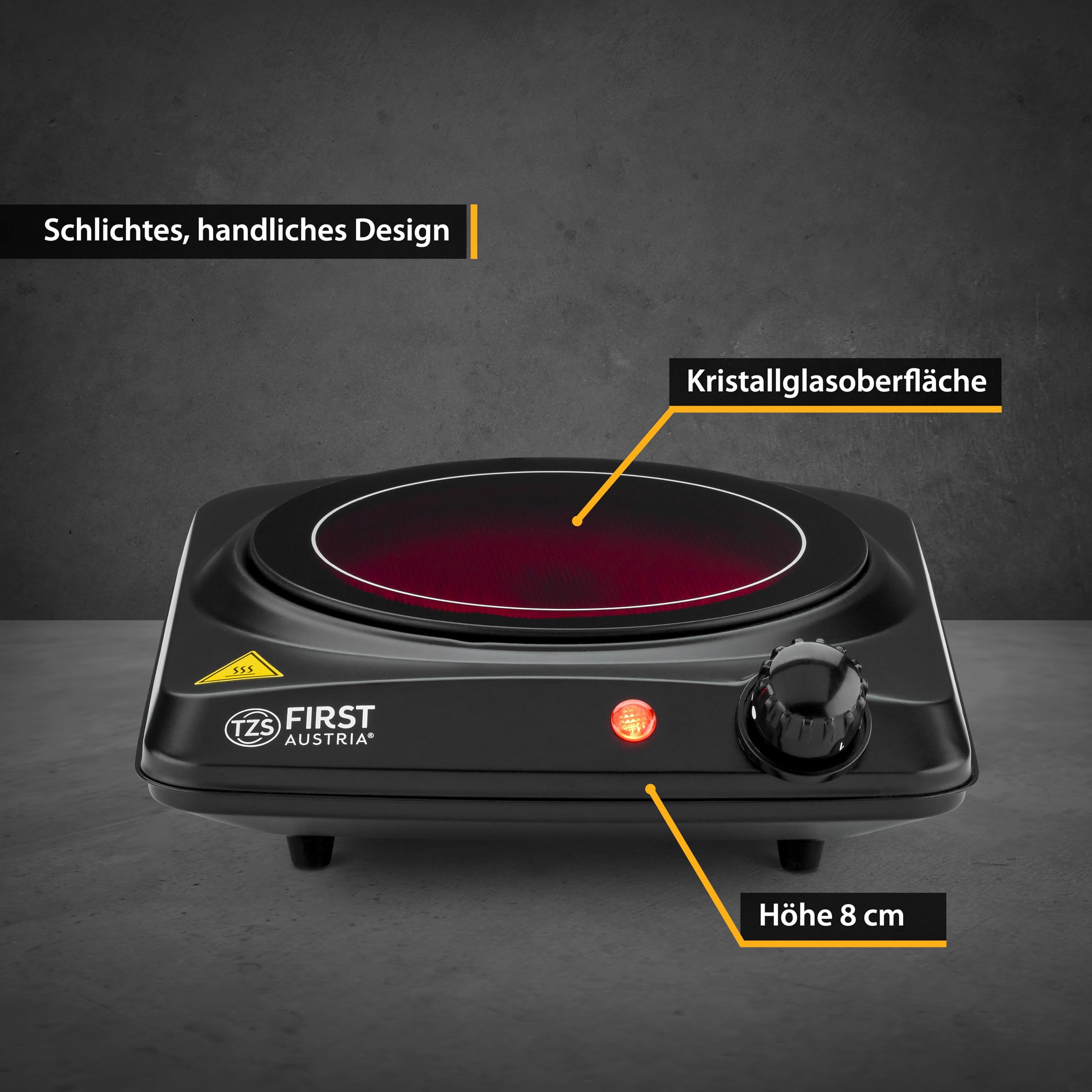 TZS First Austria - Infrarot-Einzelkochplatte 1200W - Ø 175 mm - Mobiles Kochgerät mit Überhitzungsschutz & stufenloser Thermostatsteuerung - Glaskeramik-Kochfeld für alle Topfarten