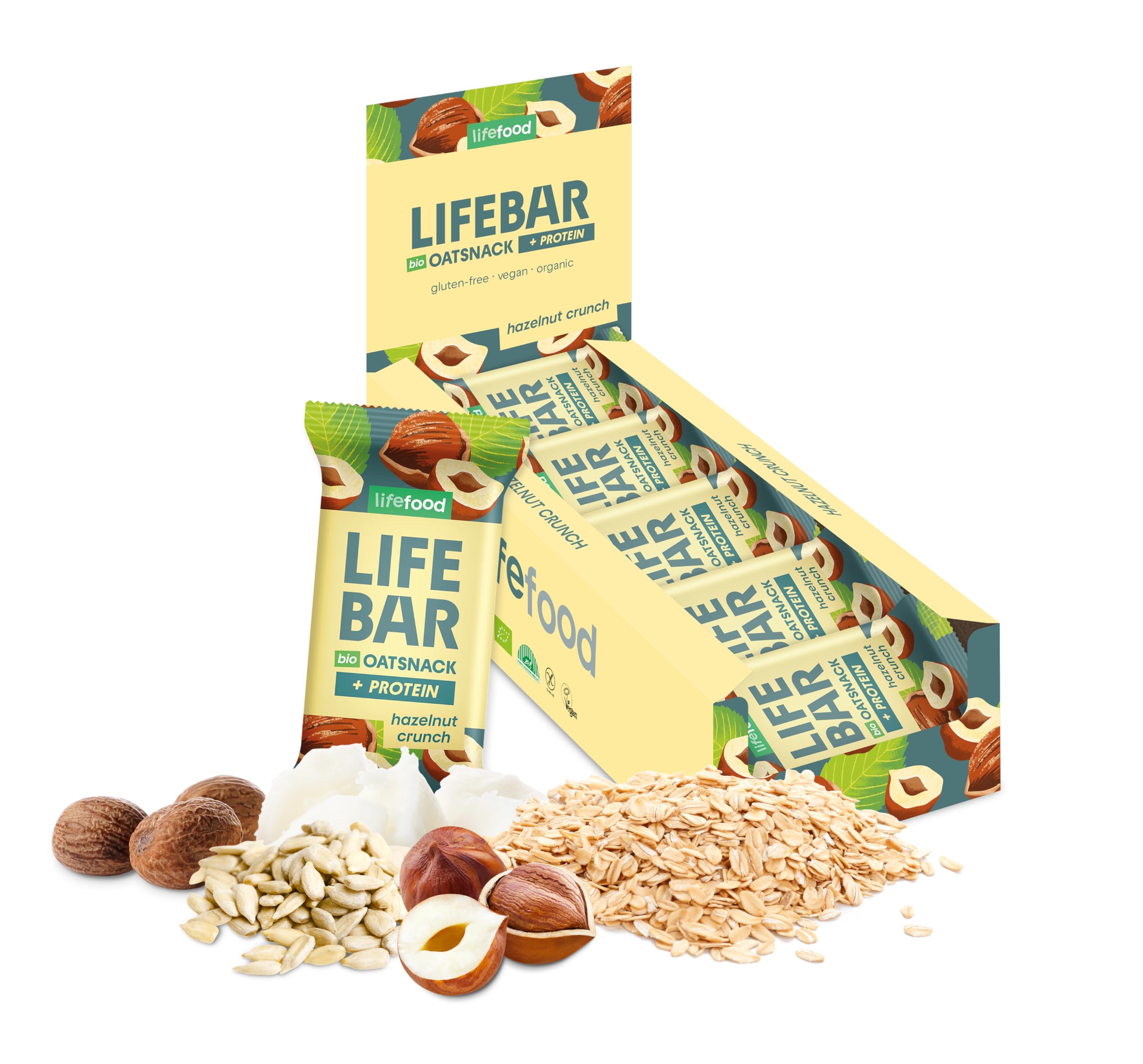lifefood Lifebar Haferriegel, Hafer Riegel, Haferflocken Riegel, Hafer Snack BIO Vegan Lactosefrei Glutenfrei - 15er Pack (15 x 40 g) (Haselnuss Crunch)