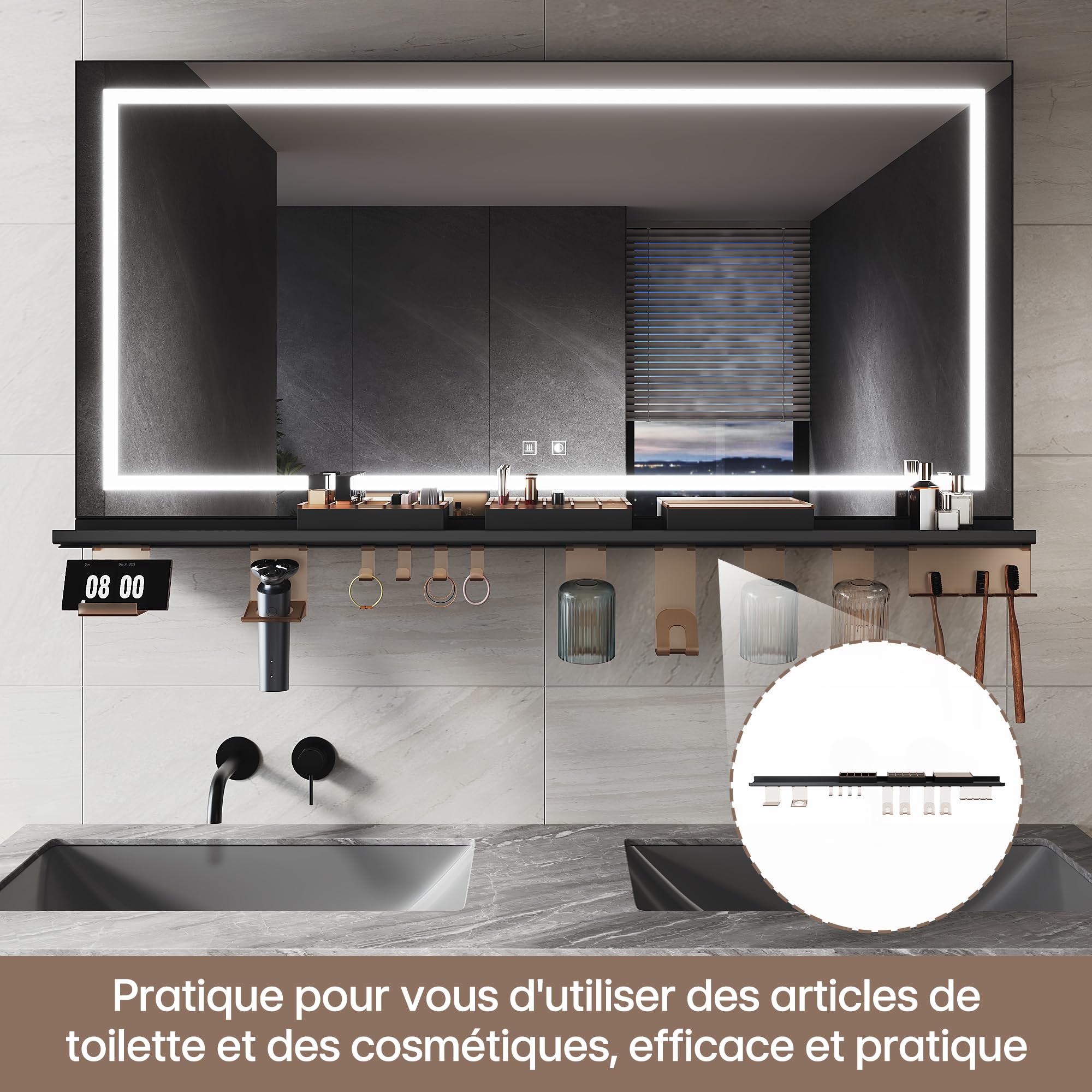 SIRHONA Specchio bagno 120 x 60 cm con bordo di stoccaggio, specchio anti-appannamento con illuminazione, dimmerabile e 3 colori regolabili, scatola di trucco, piccolo supporto, memoria, CRI>90