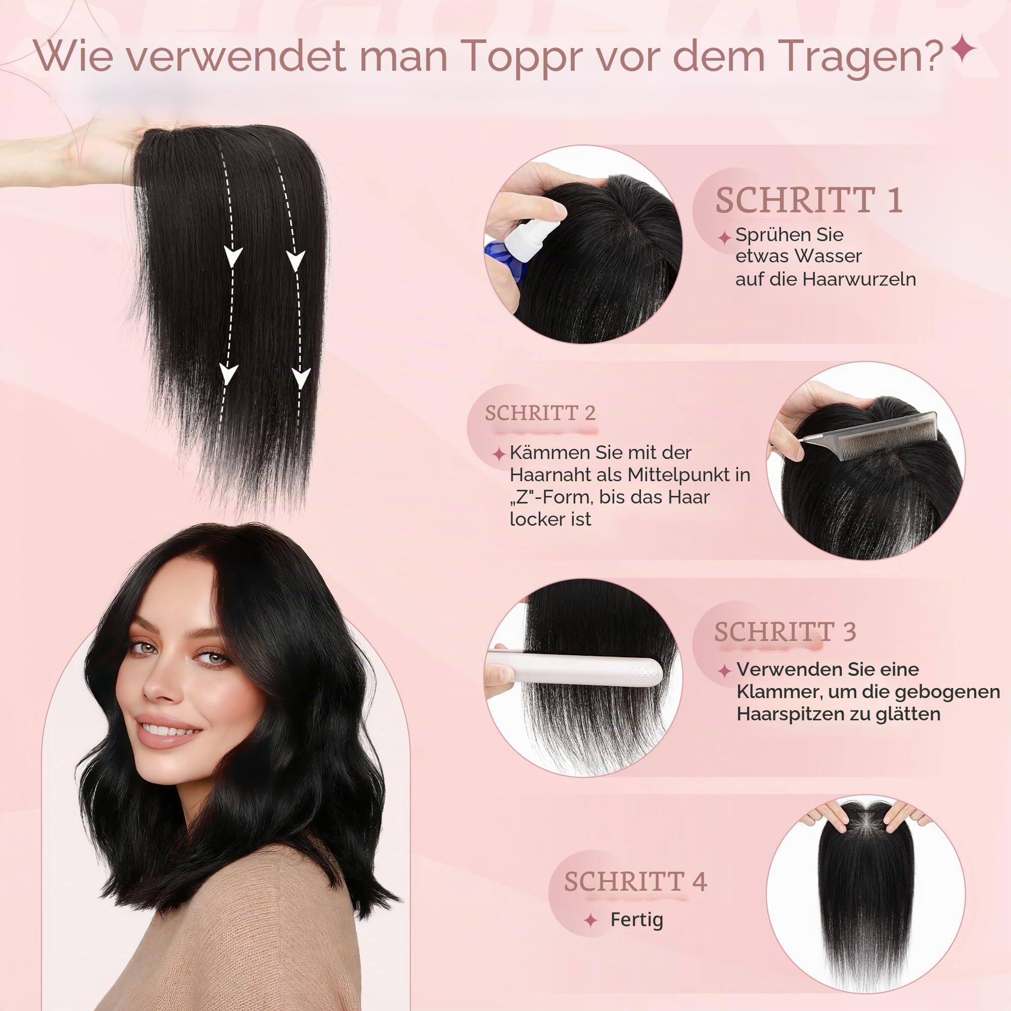 Haarteil Topper Remy Echthaar Clip in Extensions Toupet mit Side Bangs Haarverlängerung Pony Toupee Frauen mit 3 Clips 35 cm # 02
