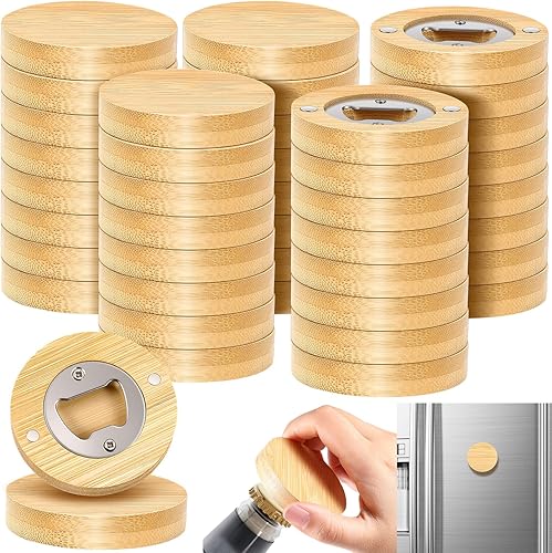 Vesici 50 unidades de abrebotellas magnético de 2.5 pulgadas DIY con forma de corazón de bambú, abrebotellas de madera, imán de nevera, adhesivo