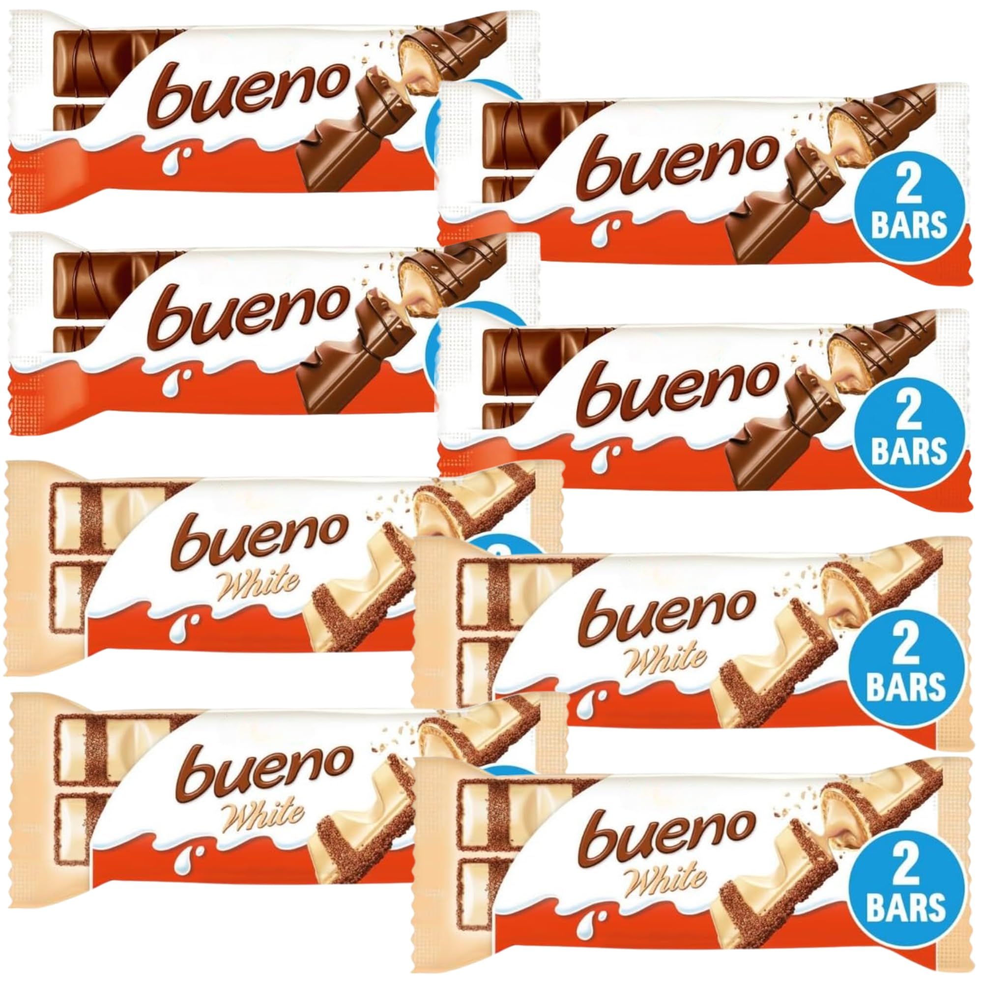 Creamy Chocolate Bundle Containing Bueno Chocolate Bar 43g x4 and Bueno White Bar 39g x4 (8 Pack)