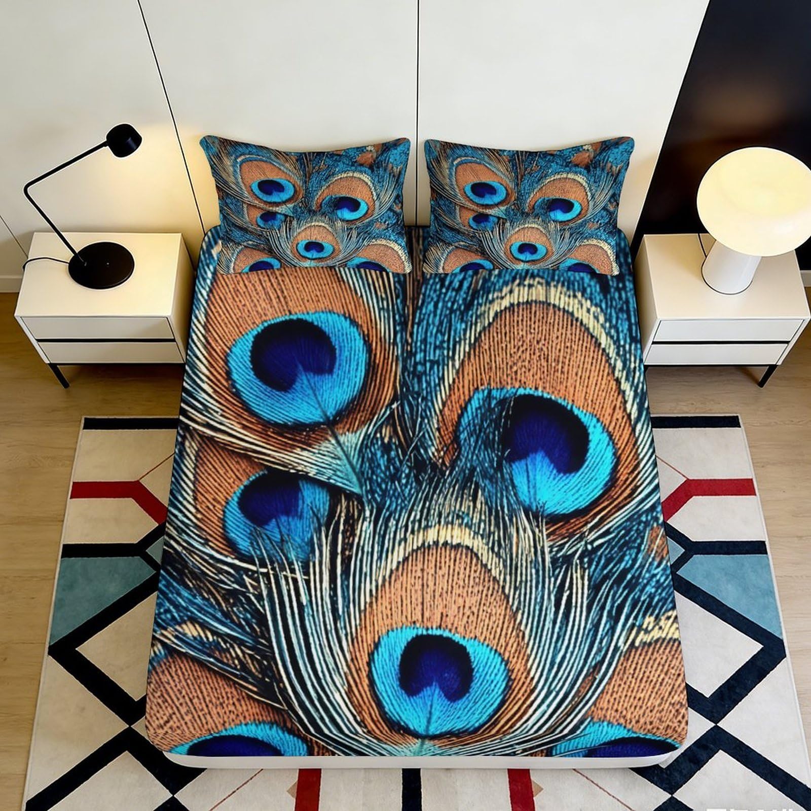 Jqzkxnhpbr Style-8 3D Printed Peacock Feather Fitted Sheet Microfiber Soft Non-Slip Mattress Cover Blue Brown For Bedroom Guest Room 90X200x25cm