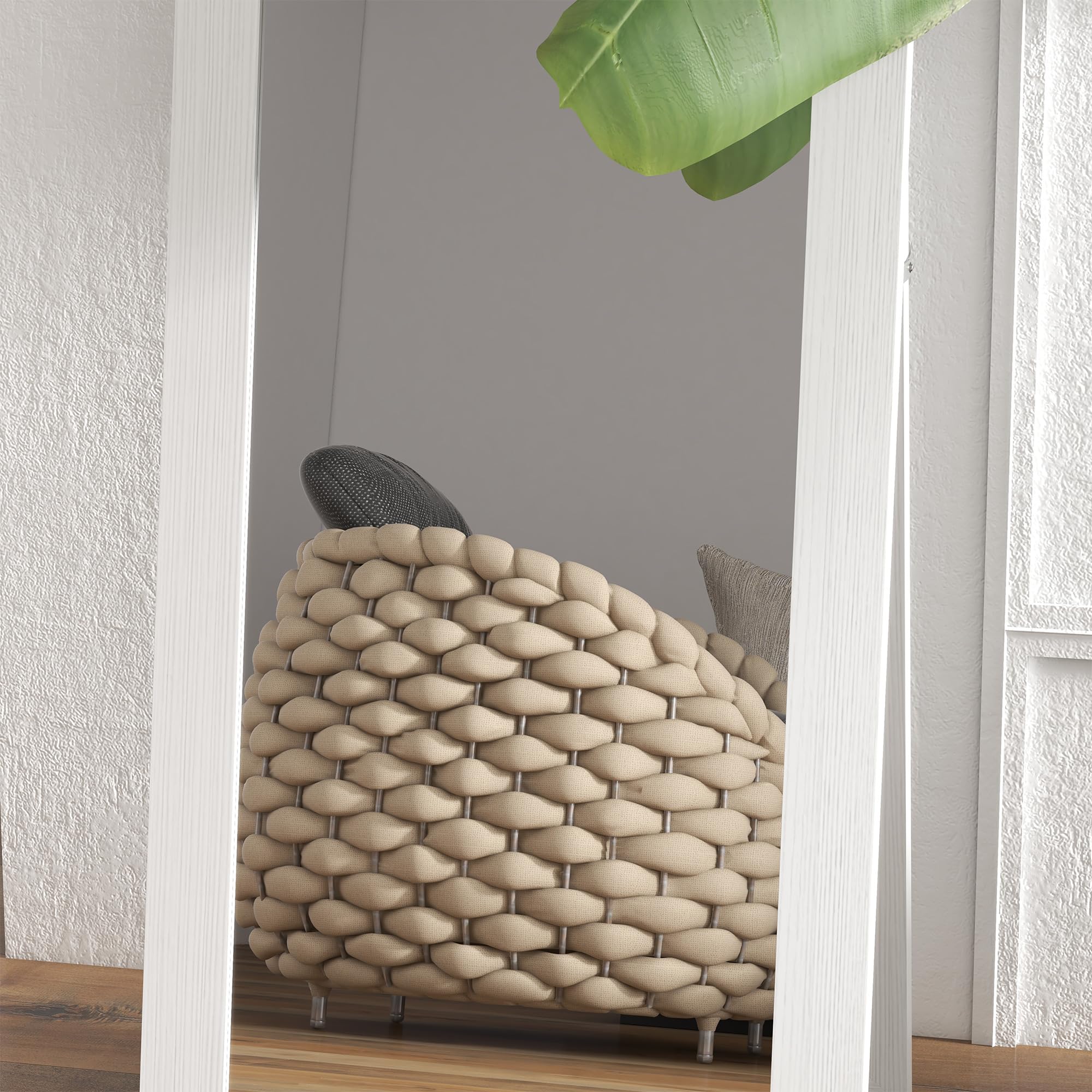 HOMCOM Specchio da Terra con Cornice in MDF con Piedini e Ganci, Specchio Moderno per Utilizzo a Parete, 37x40x155 cm, Bianco e Trasparente