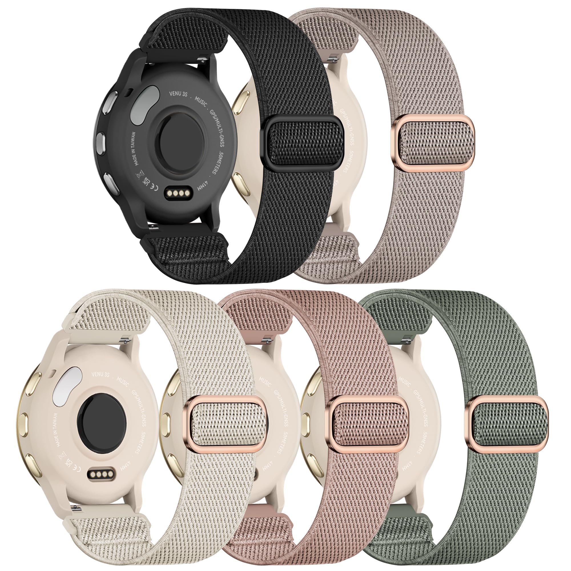 Garmin Venu 2S/Vivoactive 4S/Venu 3S/Vivomove 3S対応 伸縮性ナイロン製 18mmループ 伸縮生地 調節可能なストラップ Garmin Forerunner 265S/255S/255S Music用 レディース メンズ 5本パック
