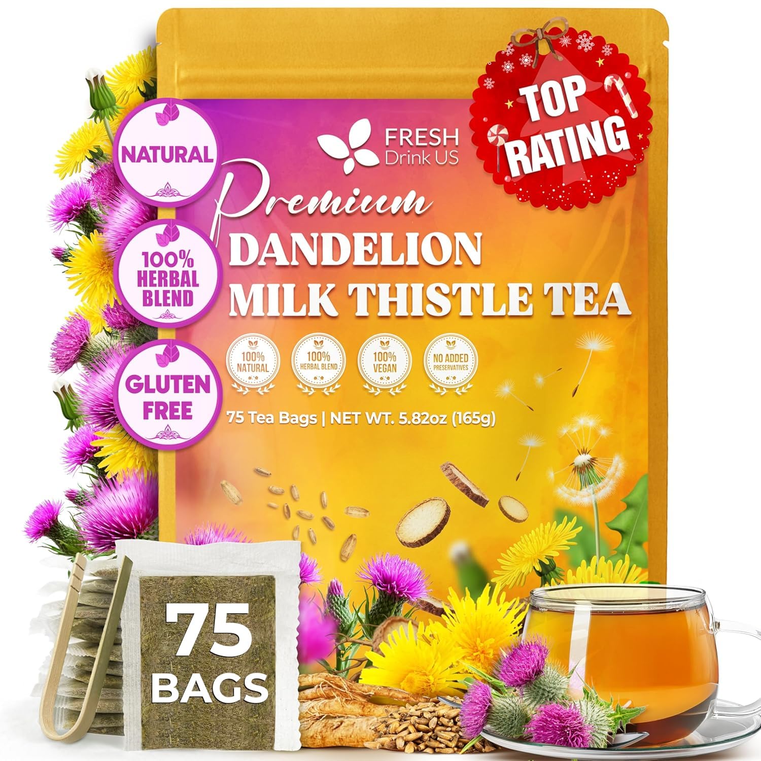 FreshDrinkUS Premium Dandelion Milk Thistle Herbal Tea