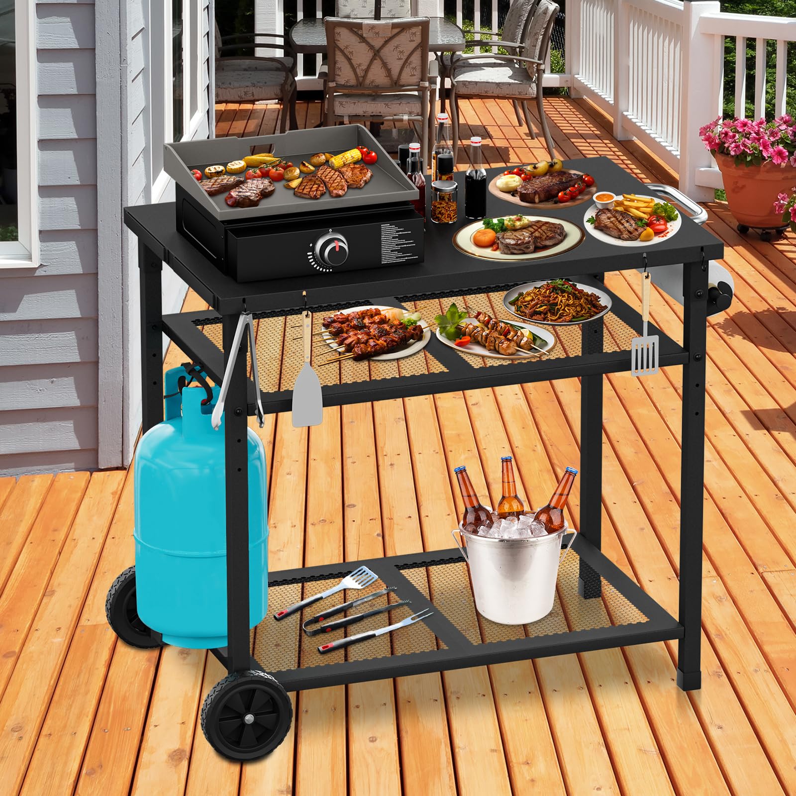 Carro de barbacoa al aire libre - Mesa portátil para horno de pizza con ruedas, mesa de comedor para exteriores con dos estantes de malla para fiestas en casa, camping, exteriores