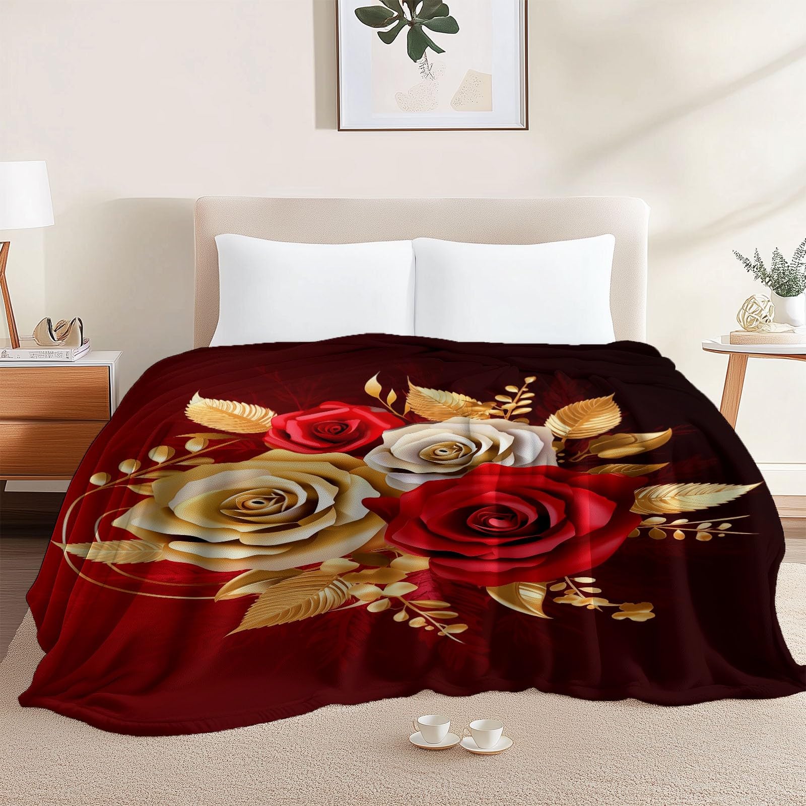 Genérico Manta de Franela Suave - Manta Sherpa con Estampado de Elegante Lujoso Pétalos Metálicos para Niños Niños Adultos, Rojo Cálida Frazada de Otoño para Cama sofá y Viaje 150 x 200 cm