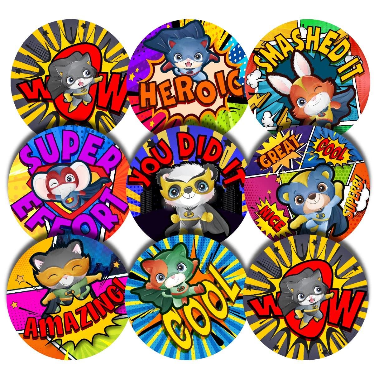 Sticker Stocker 144 Hero Comic Animal Praise Words 30Mm Glossy Reward Stickers
