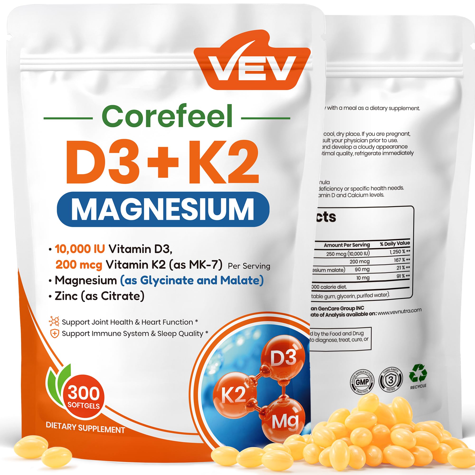VEV Vitamin D3 K2 10 000 IU Magnesium Supplement with Vitamin D and K MK-7 Magnesium Glycinate Malate
