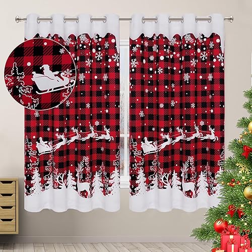 Cortinas de Navidad para sala de estar y dormitorio, 63 pulgadas, copos de nieve, búfalo, a cuadros, reno, árbol de Navidad, cortinas opacas para