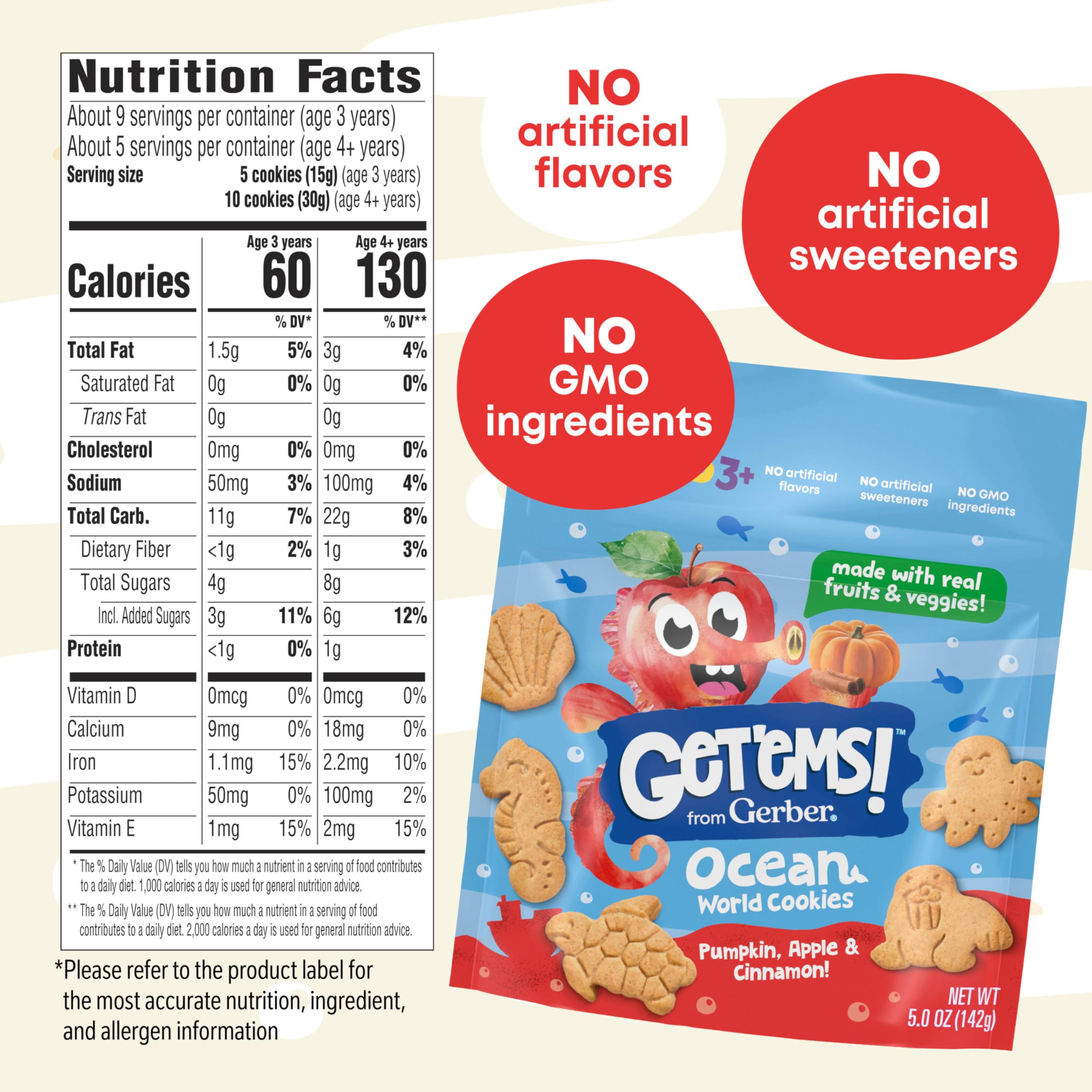 Get'ems! Gerber Kürbis, Apfel & Zimt Ocean World Cookies, Kinder-Snack aus echtem Gemüse und Obst, Eisen und Vitamin E