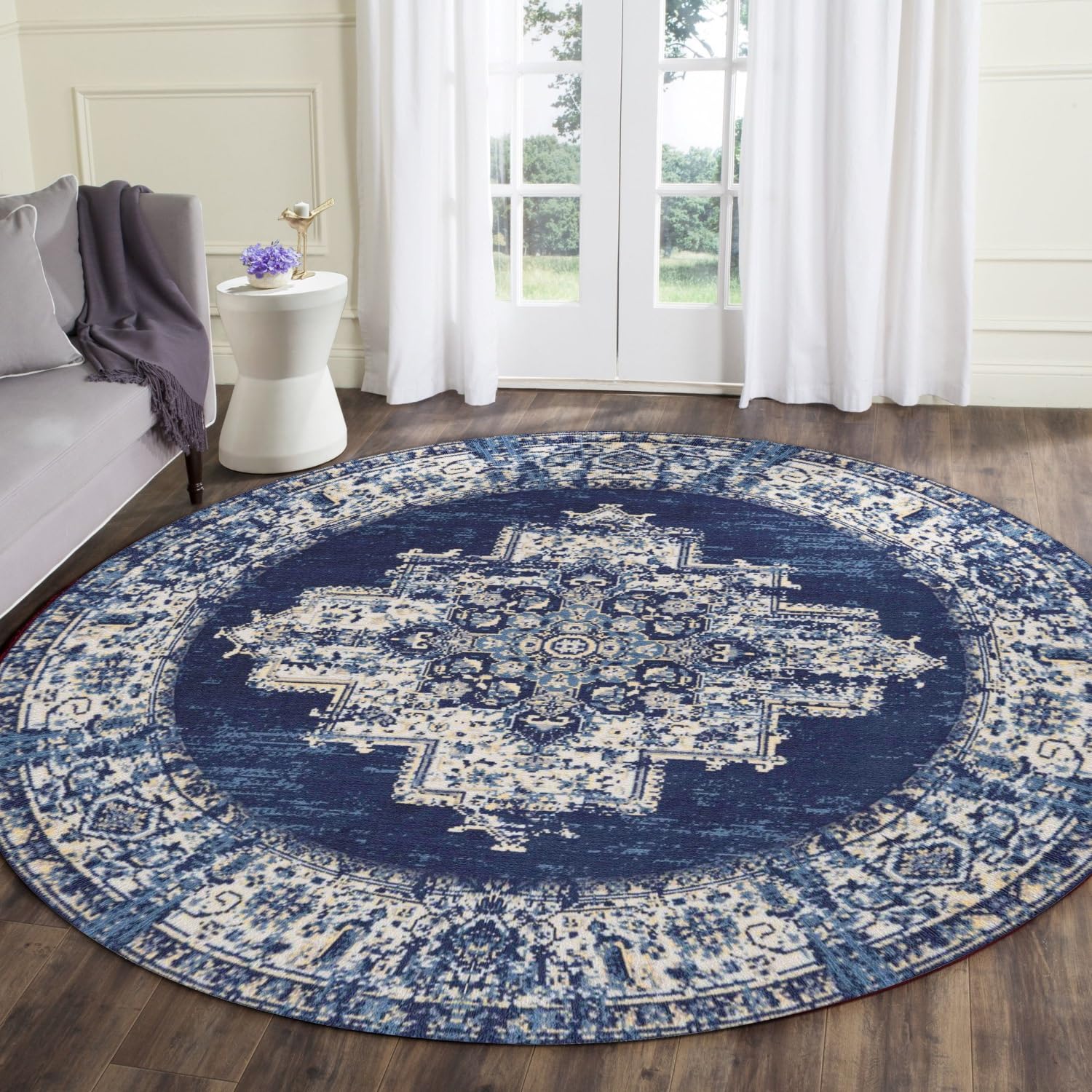 vivorug Round Rug 5ft Vintage Round Area Rug Non-Slip Indoor Carpet for Living Room Bedroom Entryway, Stain Resistant Home Decor Circle Rug, Navy Blue