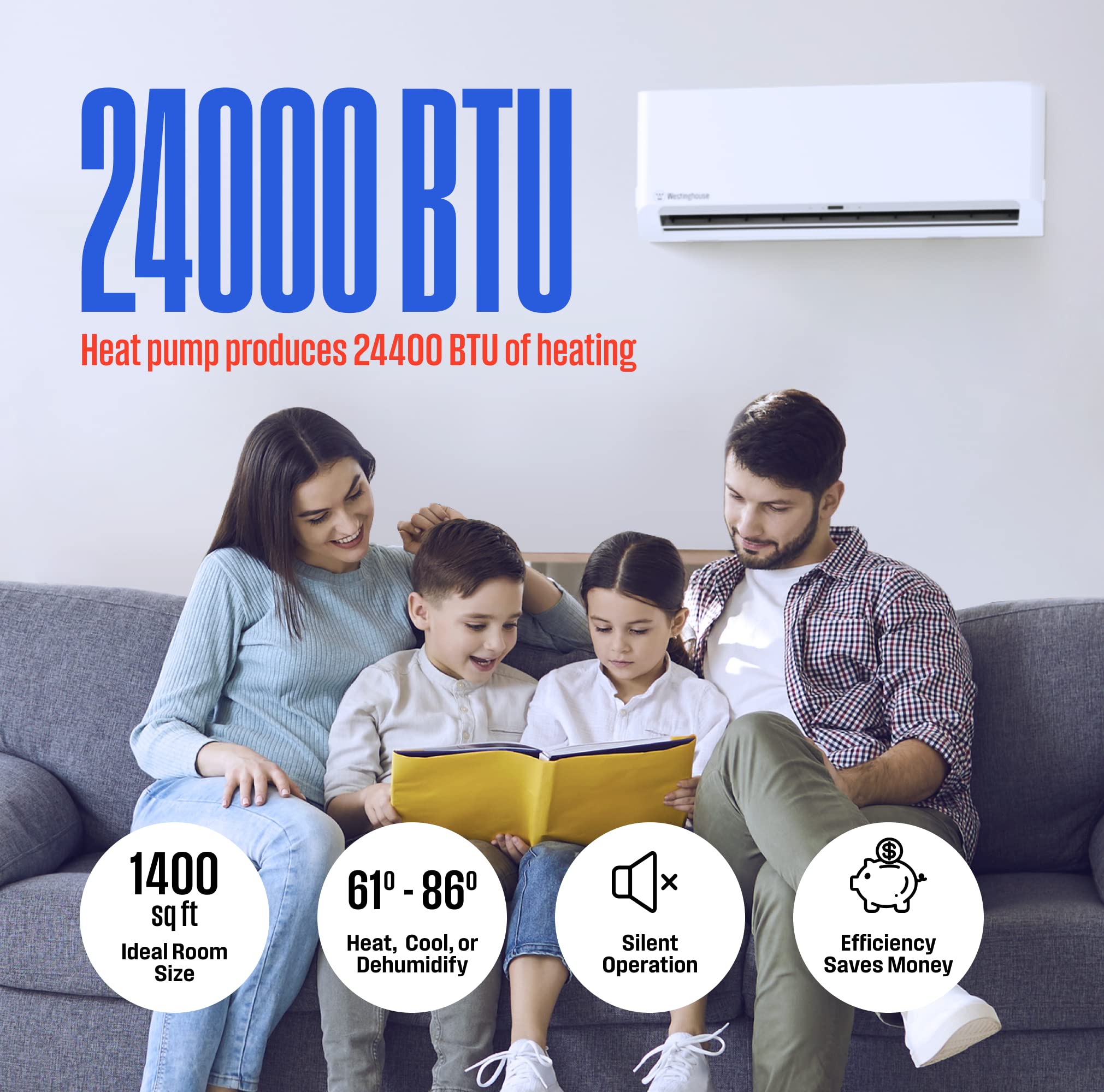 Westinghouse mini split ac/heating system, 24,000 BTU, 1,400 sqft, 230V,  17.6 SEER, 9.8 HSPF - Complete heating and cooling system with 15ft  Installation Kit, ductless with precharged condenser - Amazon.com