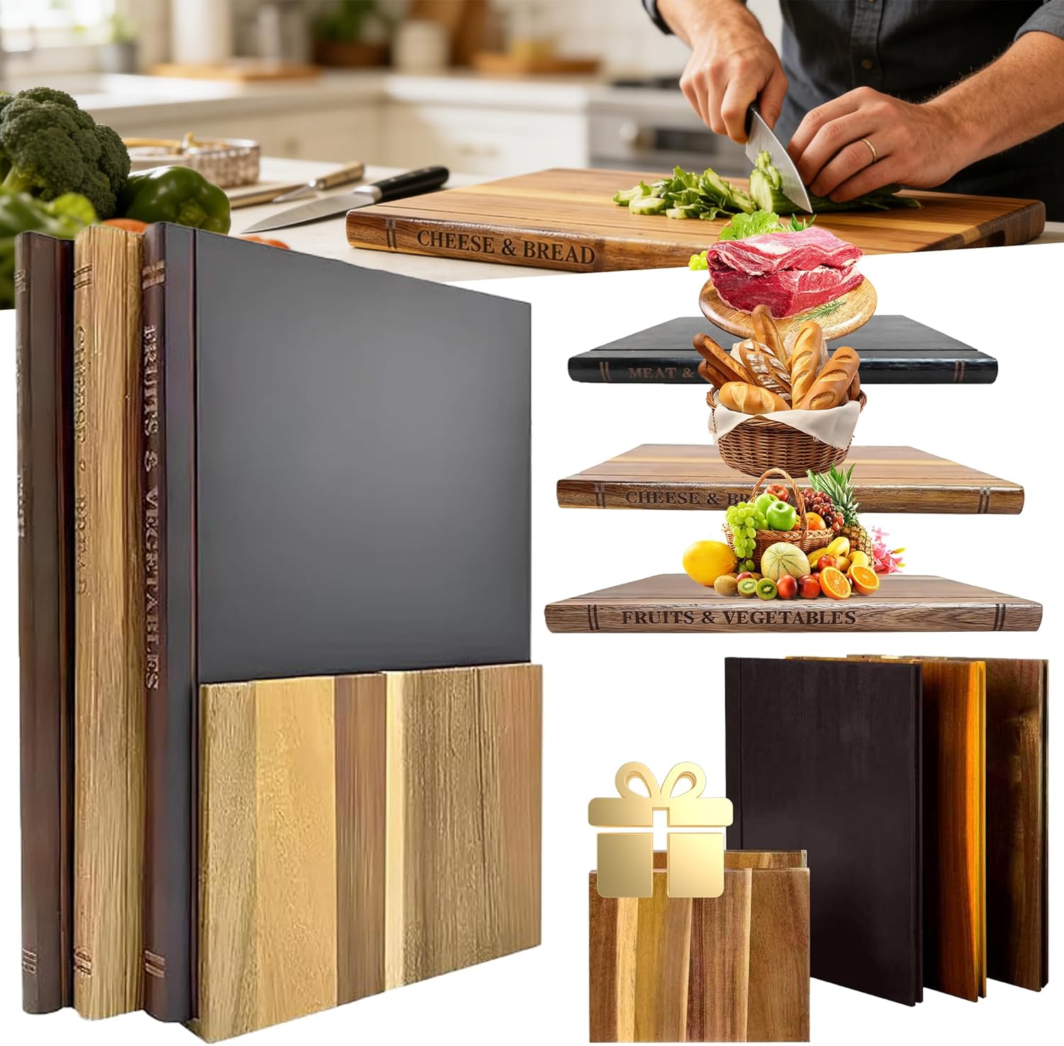 Book Cutting Board Set of 3 with Stand Wooden Book Shaped Cutting Board Set for Kitchen, Cutting Board That Looks Like Books Wood Boards for Kitchen Library Boards