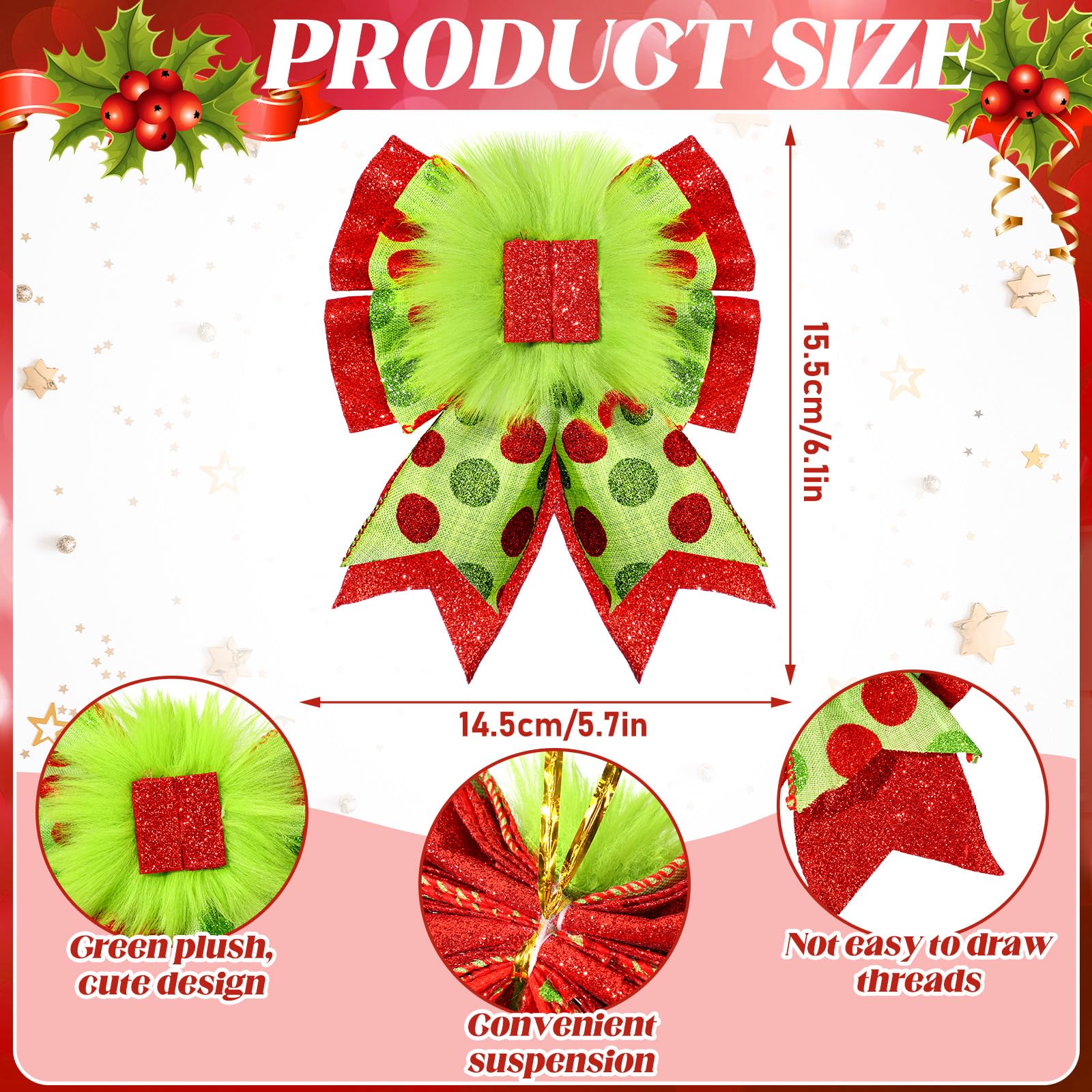 Knitgrip 12 lazos rojos y verdes para árbol de Navidad, coronas de Navidad de 8.66 pulgadas, lazo de terciopelo para decoración de árbol de Navidad con adornos verdes esponjosos para fiesta de Navidad