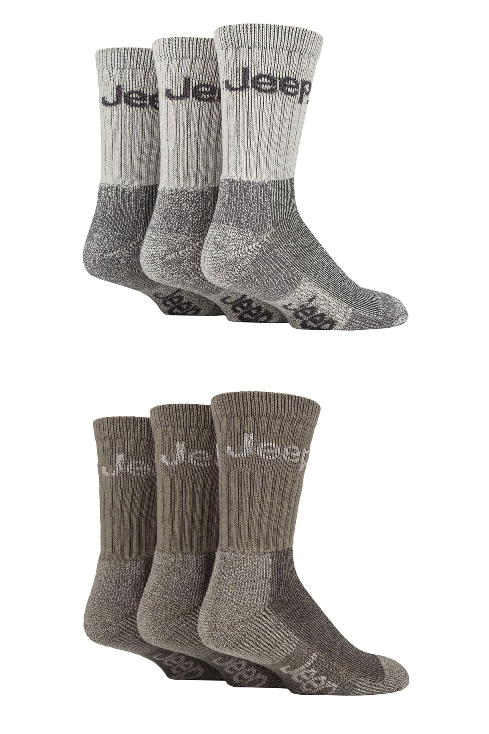 Jeep Mens Cotton Boot Socks - Luxury Terrain Calf Length Plain with Logo,Ribbed, Cushioned & Chunky for Walking, Hiking, Trekking & the Outdoors Size 6-11 6 Pair Multipack Grey/Sand