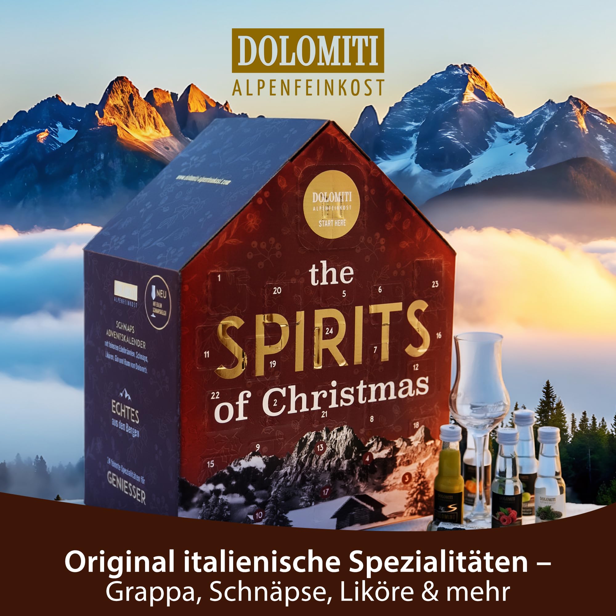 Schnaps- und Likör Adventskalender 2025 von Dolomiti - Geschenk-Idee für Genießer. Gin, Rum, Wodka und Wermut, Edelbrände, Schnäpse und Liköre. Schnaps Adventkalender in festlichem rot.