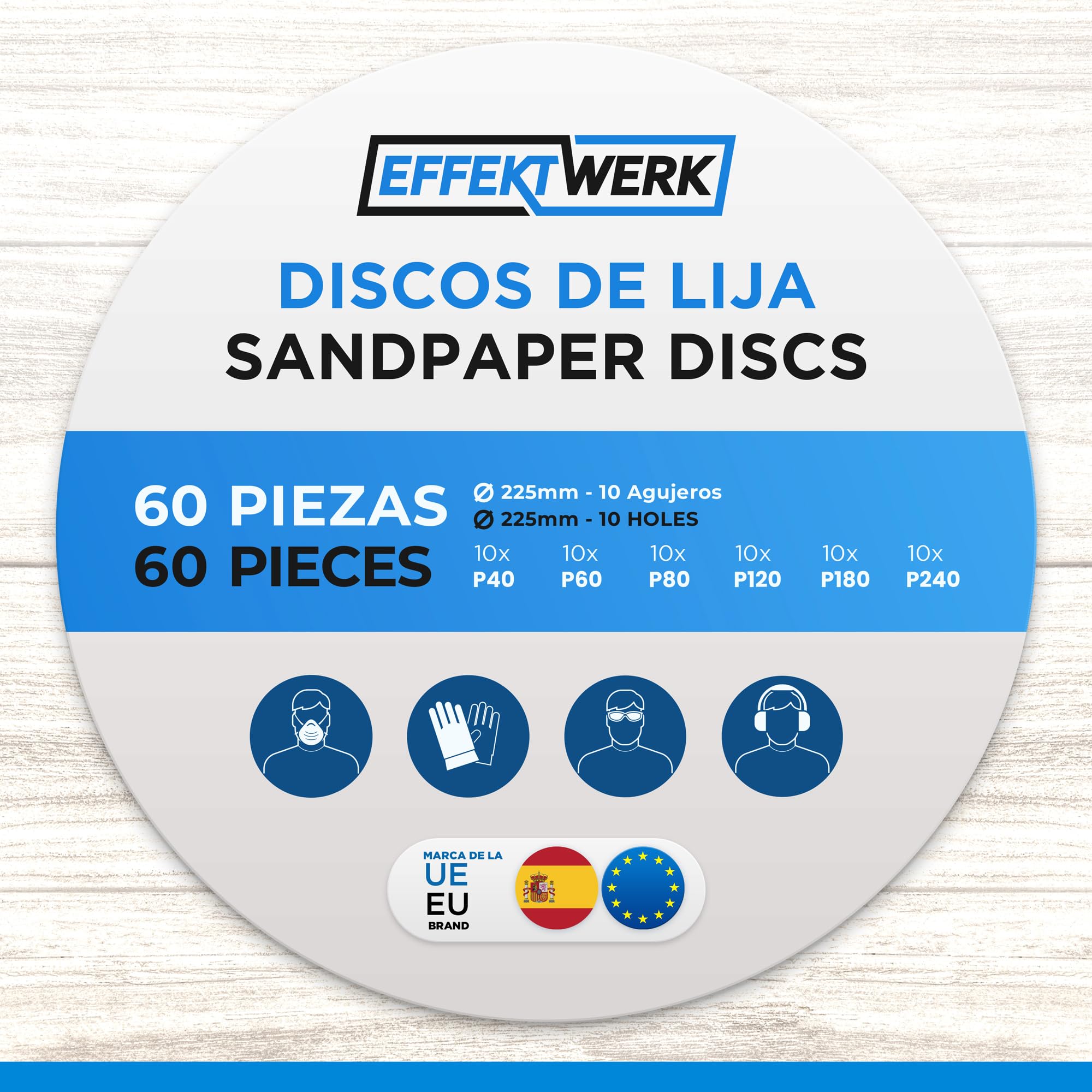 Discos de lijado (paquete de 60, 10 agujeros), papel de lija de 225 mm para lijado fino y grueso, varios tamaños de grano 40/60/80/120/180/240 (10 unidades cada uno)