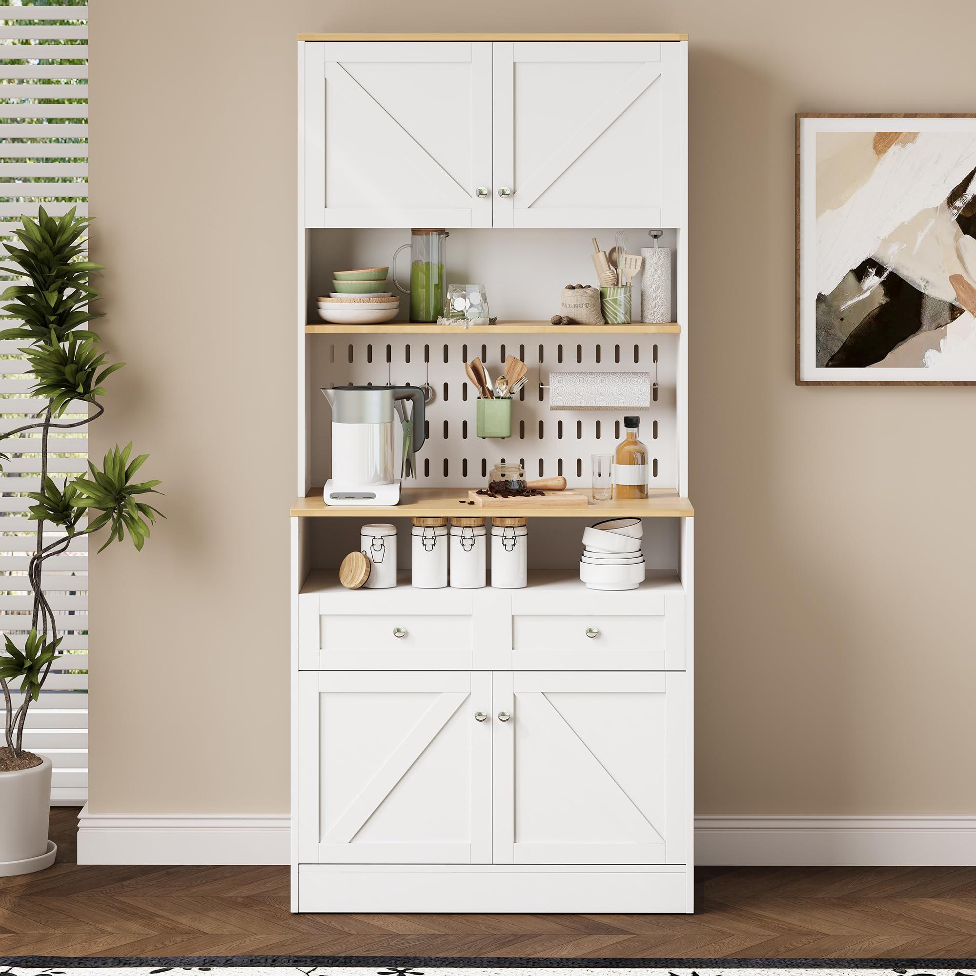 Kredens w stylu wiejskim z diodami LED i gniazdkiem – wysoka szafka (180 cm) w kolorze białym/złotym, 6 drzwi, 2 szuflady i regulowane półki, w zestawie zabezpieczenie przed przewróceniem, do