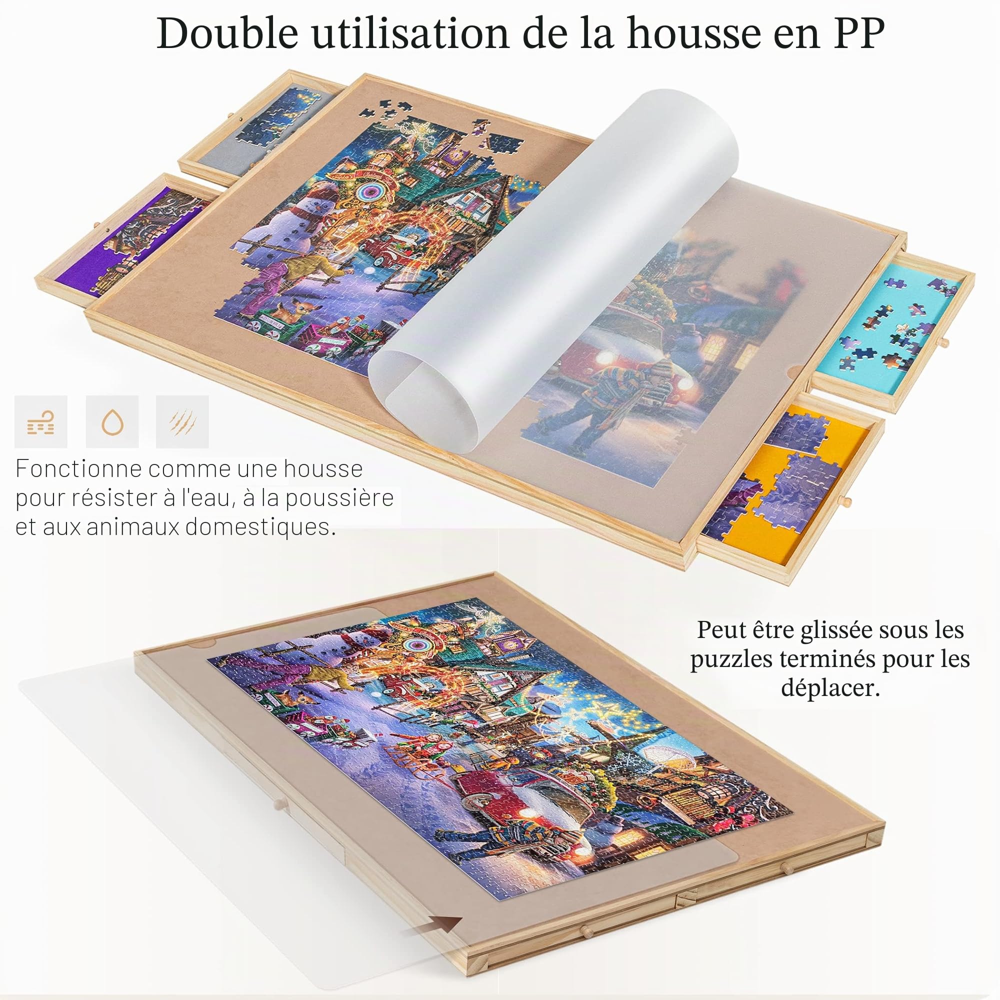 Tektalk Table de puzzle avec support réglable intégré et couvercle amovible - Planche de puzzle portable en bois avec 4 tiroirs de tri - Jusqu'à 1000/1500 pièces (jusqu'à 1500 pièces)